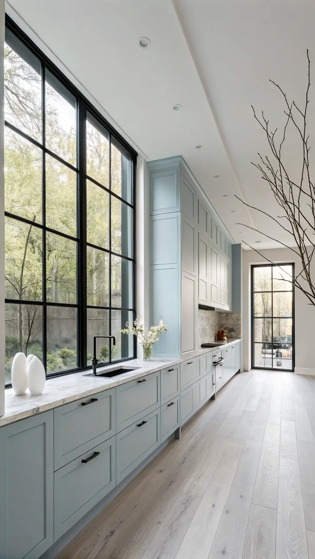 Scandinavian kitchen with pale blue cabinets, marble counters, and black steel-framed windows.