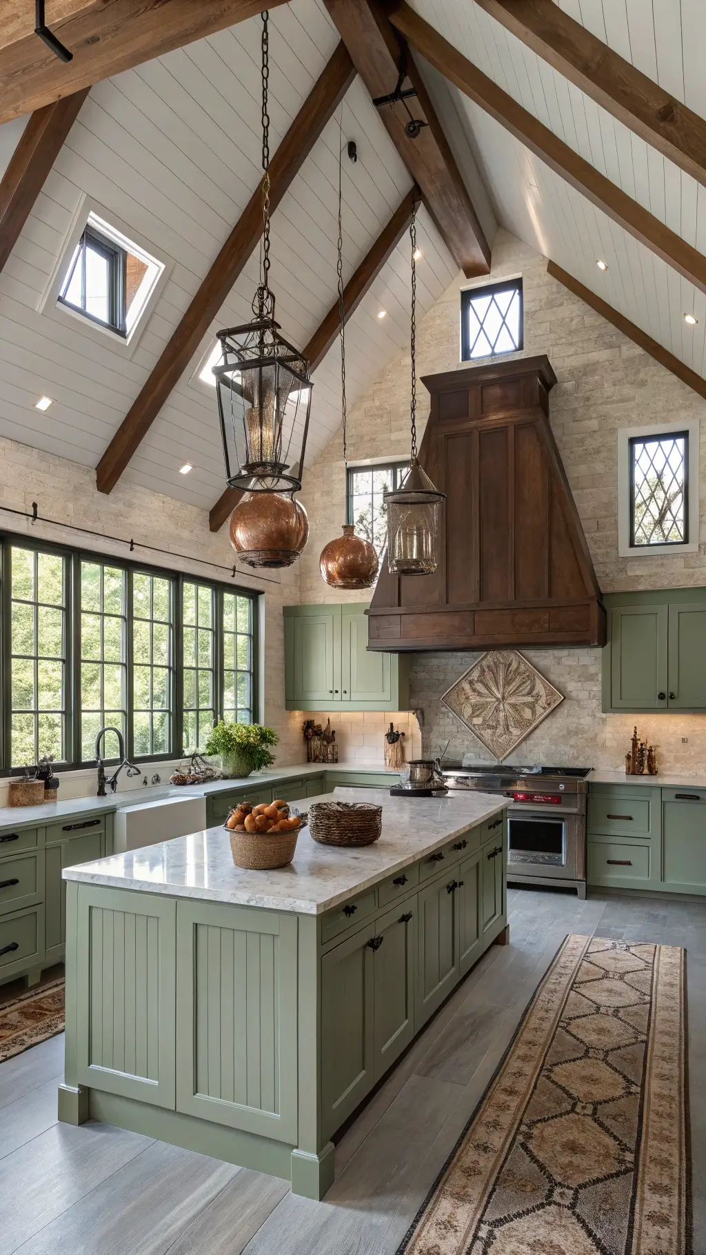 Modern farmhouse kitchen with sage green beadboard cabinets, vaulted ceiling with exposed beams, bronze range hood, butcher block island with marble slab, hanging copper pots, and industrial windows casting morning light.