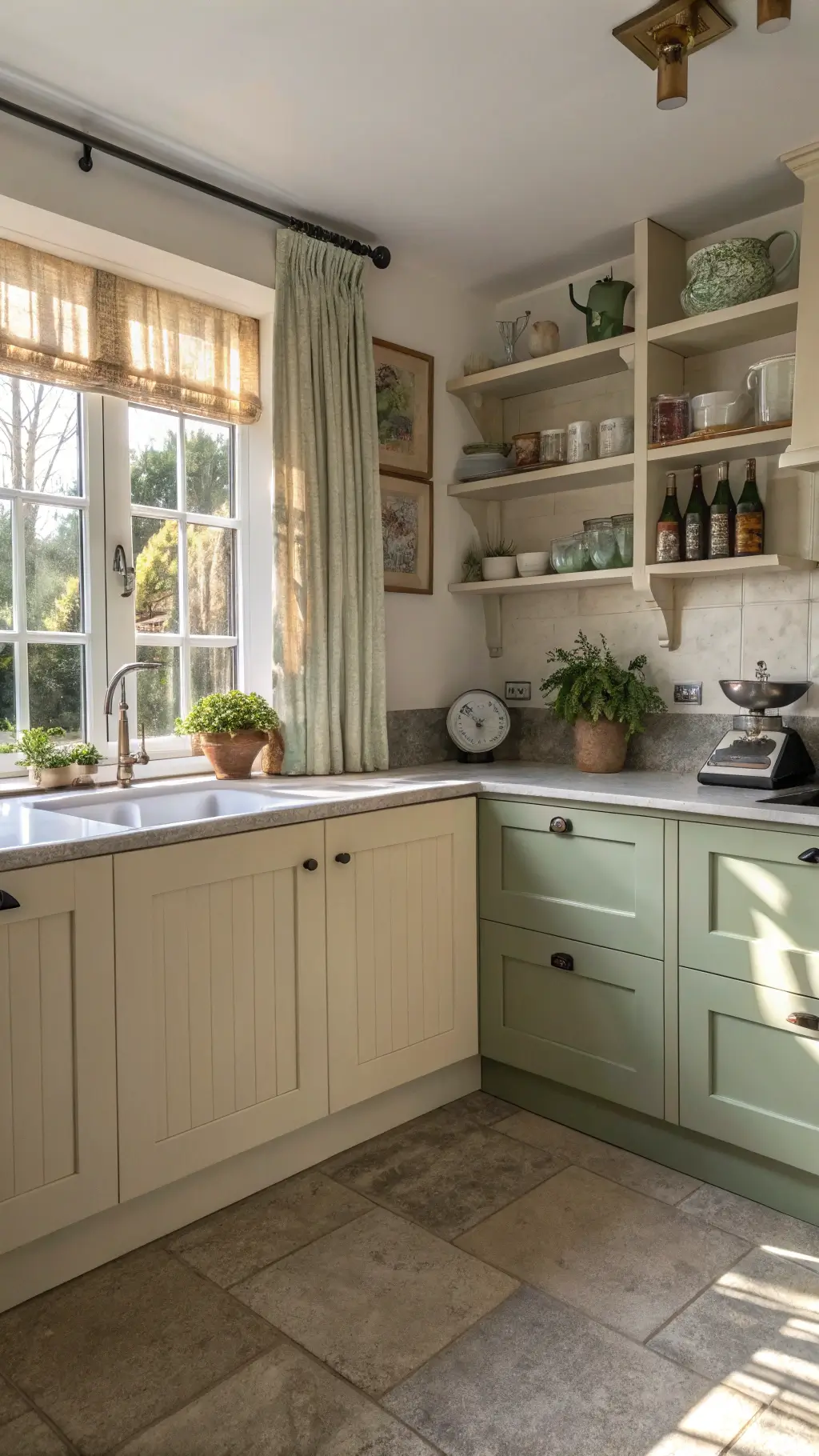 L-shaped kitchen with sage green and cream cabinets, concrete countertops with built-in herb garden, vintage accents, and dappled afternoon sunlight through linen curtains.