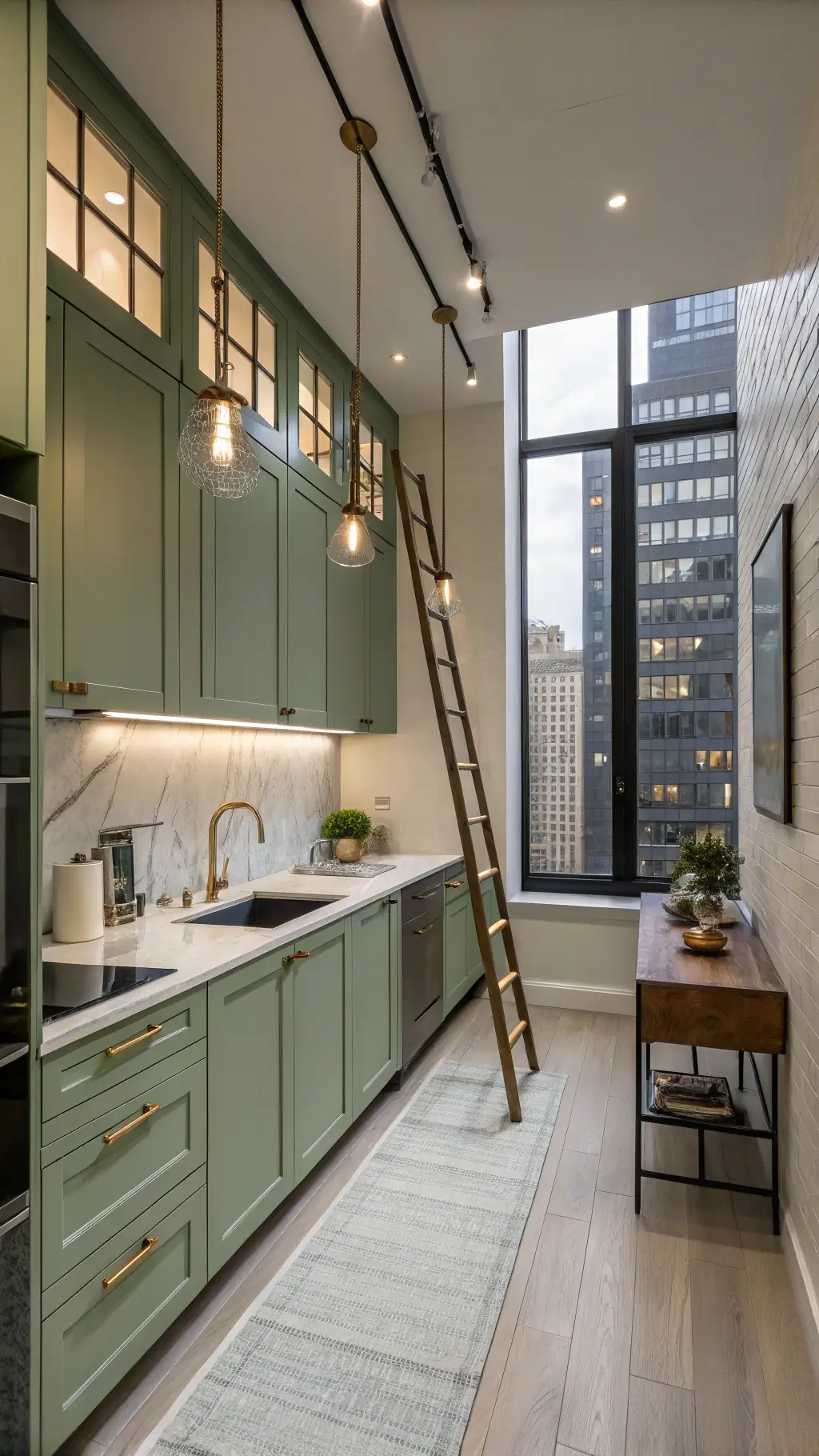 Compact 10x12ft urban kitchen with sage green floor-to-ceiling cabinets, brass ladder rail, quartz waterfall island, smoked glass pendants, and twilight city views through industrial windows.