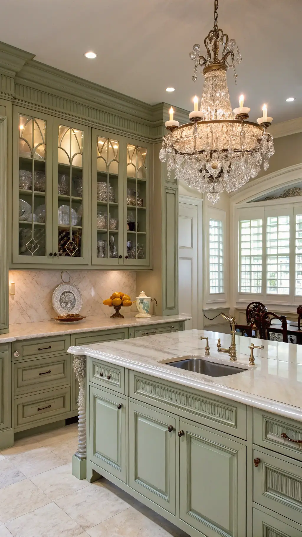 Elegant traditional kitchen with sage green cabinets, marble island, crystal chandelier, and morning light through plantation shutters.