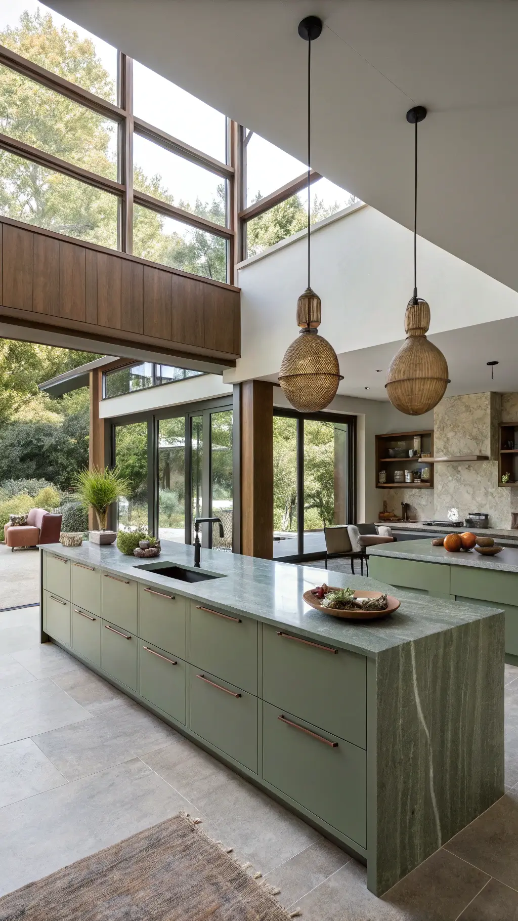 Open-concept kitchen with sage green slab cabinets, dual waterfall-edge islands in leathered granite, full-height windows overlooking garden, aged brass pendant lights, and sculptural pottery on floating shelves, viewed from living room.