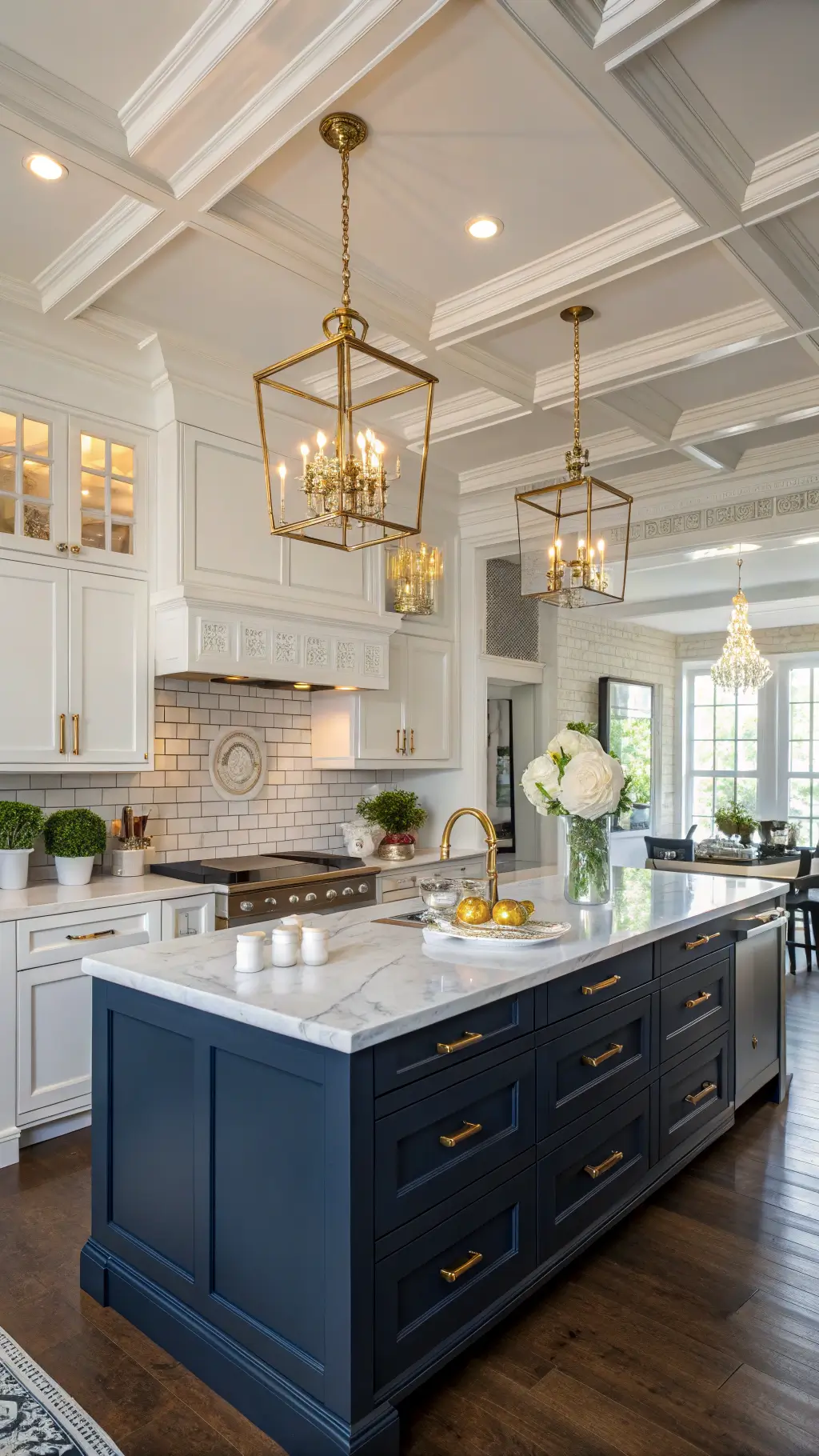 Elegant traditional kitchen with navy blue base cabinets, white uppers, marble countertops, coffered ceiling, and crystal chandelier under golden hour lighting.