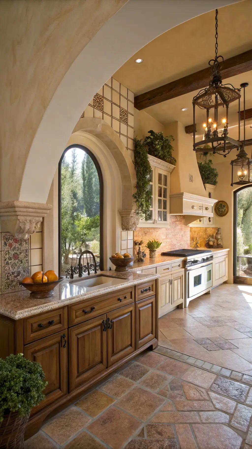 Mediterranean-style kitchen with arched doorways, terra cotta and cream cabinets, hand-painted tile backsplash, stone countertops, and wrought iron fixtures in warm late morning light.