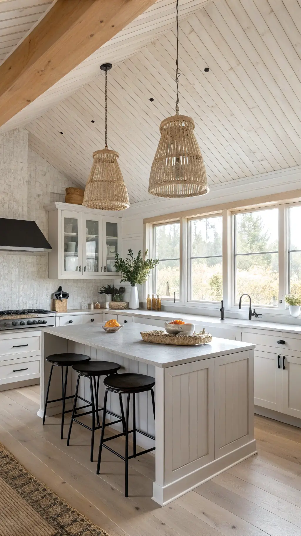 Scandinavian kitchen with blonde wood ceiling, white oak cabinets, matte black fixtures, and soft natural light through frosted windows.