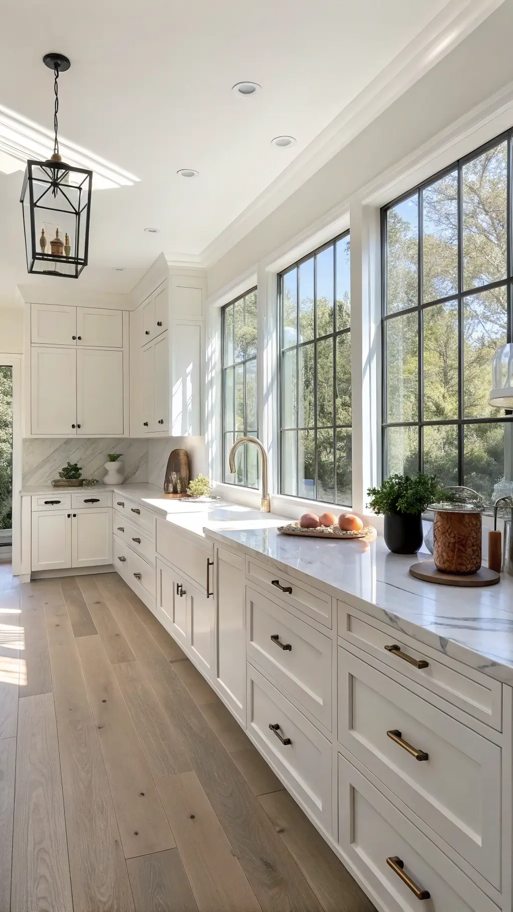 Modern minimalist kitchen with white shaker cabinets, white oak floors, marble countertops, and soft natural backlighting highlighting copper accents and eucalyptus.