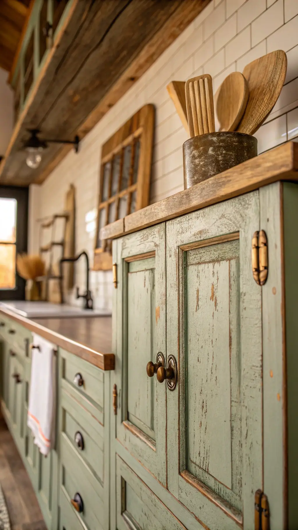 Close-up of distressed sage green farmhouse kitchen cabinets with vintage brass hardware, warm golden hour lighting, and rustic wooden accents.