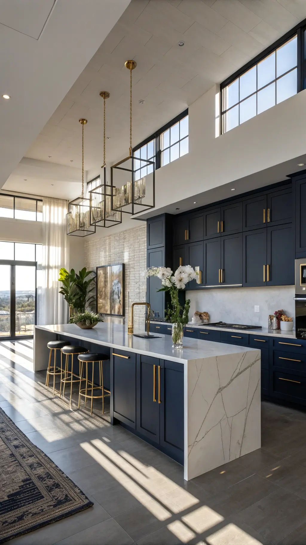 Contemporary open-concept kitchen with navy cabinets, gold fixtures, white quartz waterfall island, and dramatic sunlight through industrial windows.