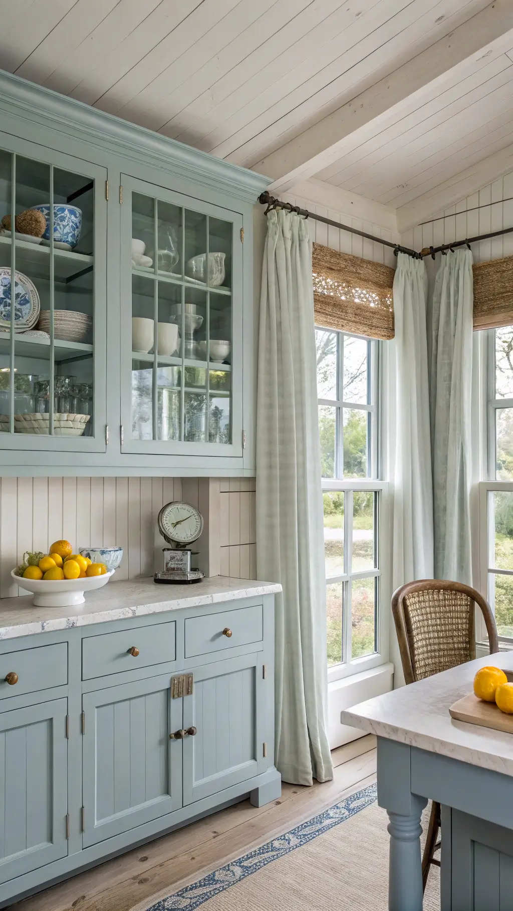 Coastal cottage kitchen with soft blue-gray cabinets, shiplap walls, and natural light filtering through linen curtains, featuring vintage decor and fresh citrus on the counter.