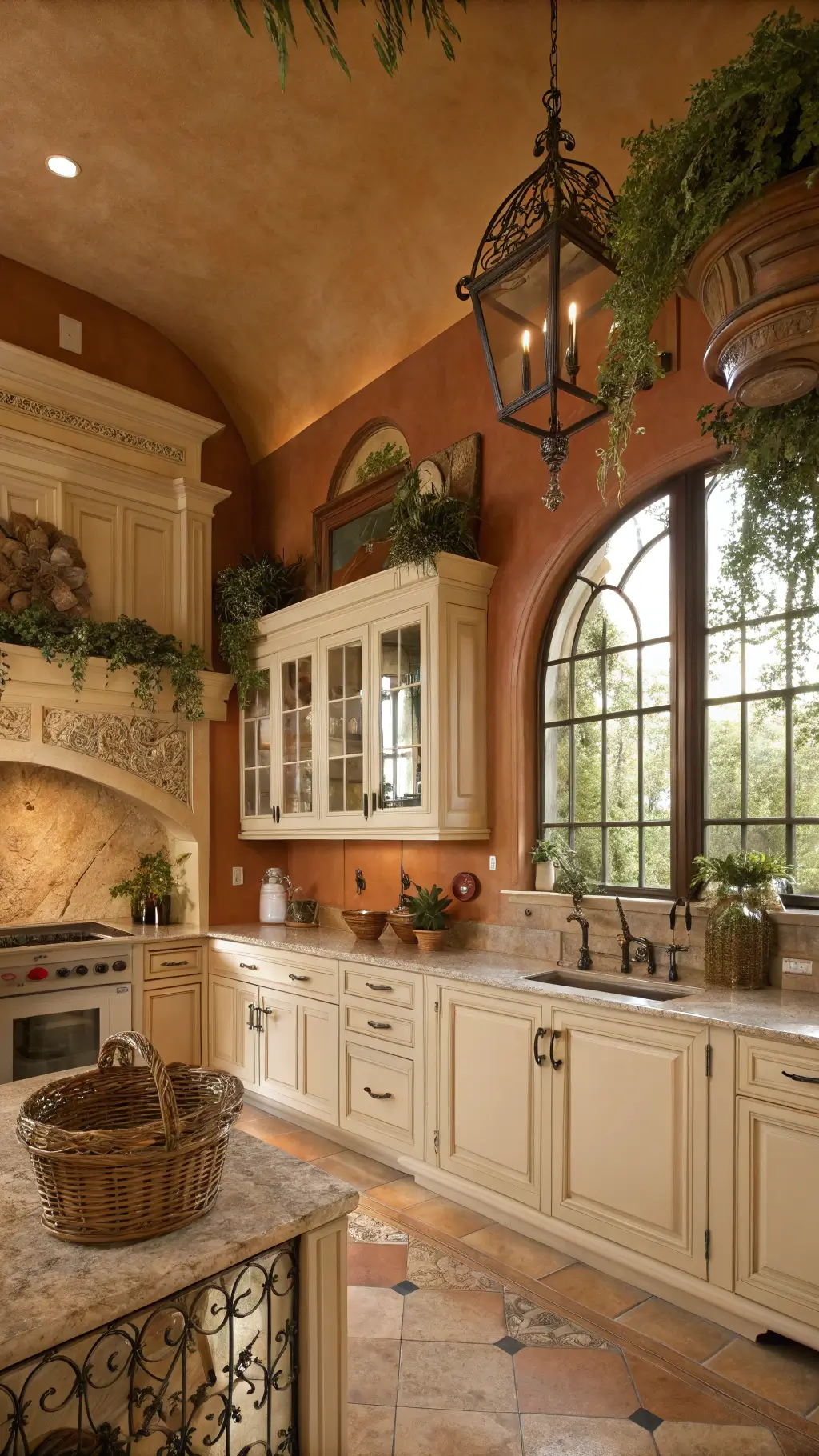 Mediterranean villa kitchen with terracotta walls, cream cabinets, wrought iron hardware, copper accents, and arched windows, viewed from low angle to highlight ceiling height.