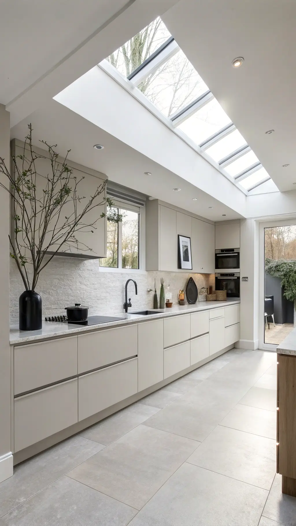 Scandinavian modern white kitchen with pale ash cabinets, skylights, and minimalist black accents.