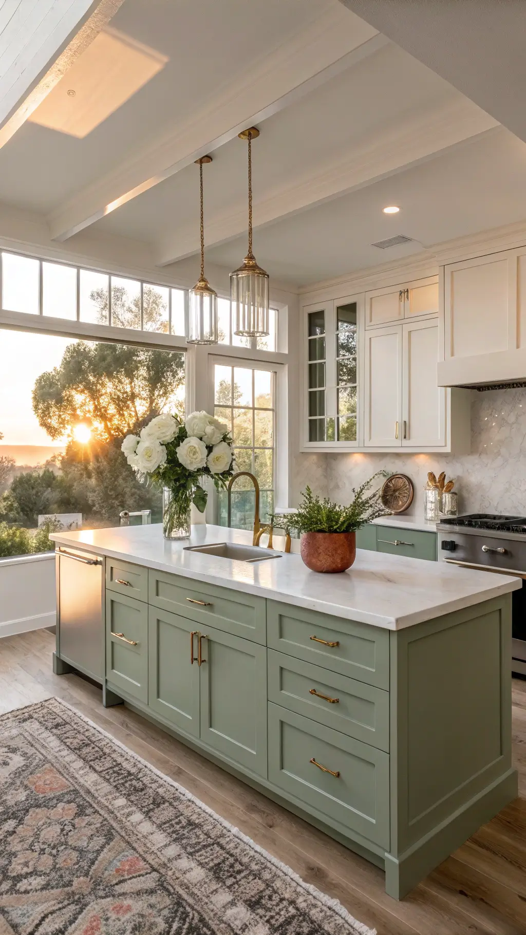 Modern sage green kitchen with brass accents and white quartz island, bathed in golden hour light through tall windows, featuring vintage rug, white oak floors, and copper cookware.