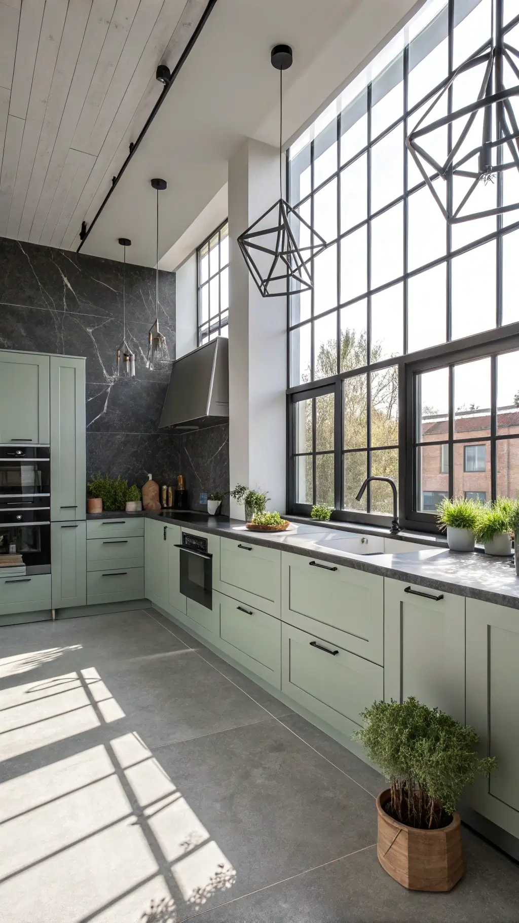 Minimalist 10x12ft kitchen with sage flat-panel cabinets, black stone backsplash, white concrete counters, and industrial windows lit by midday sun.