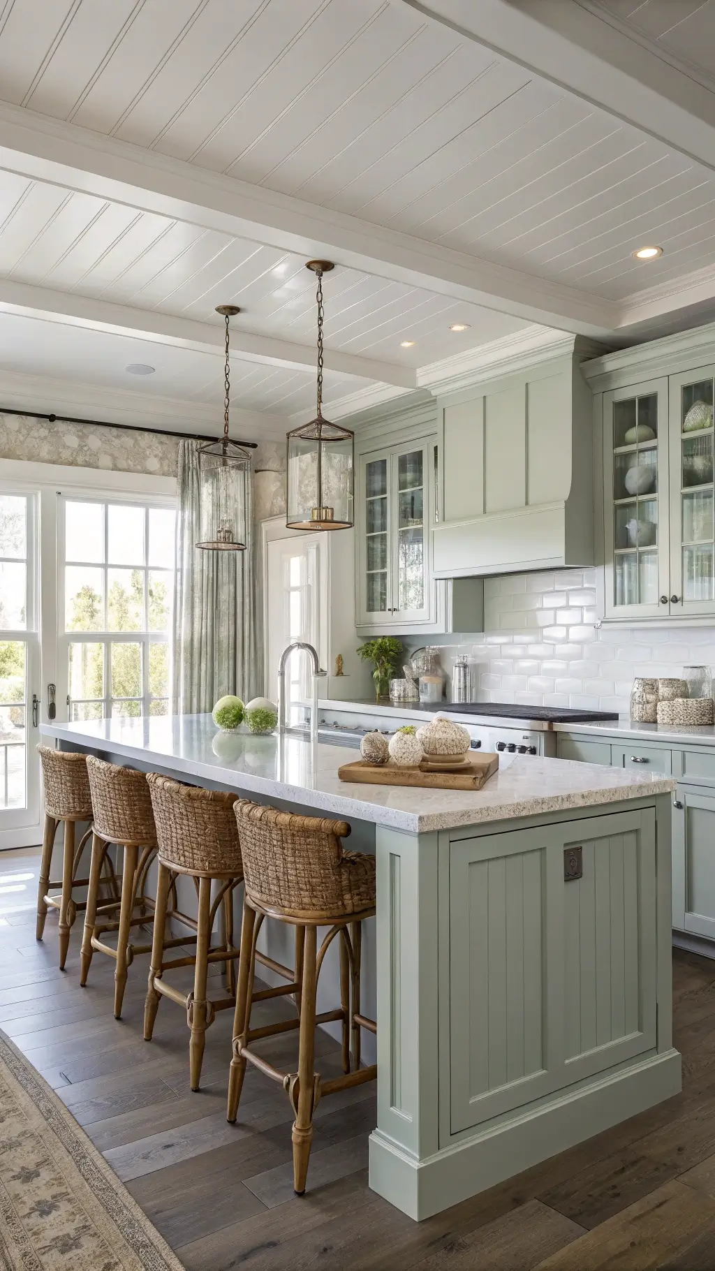 Coastal kitchen with sage beadboard cabinets, marble island with rattan stools, white subway tile backsplash, and driftwood décor in soft natural morning light.