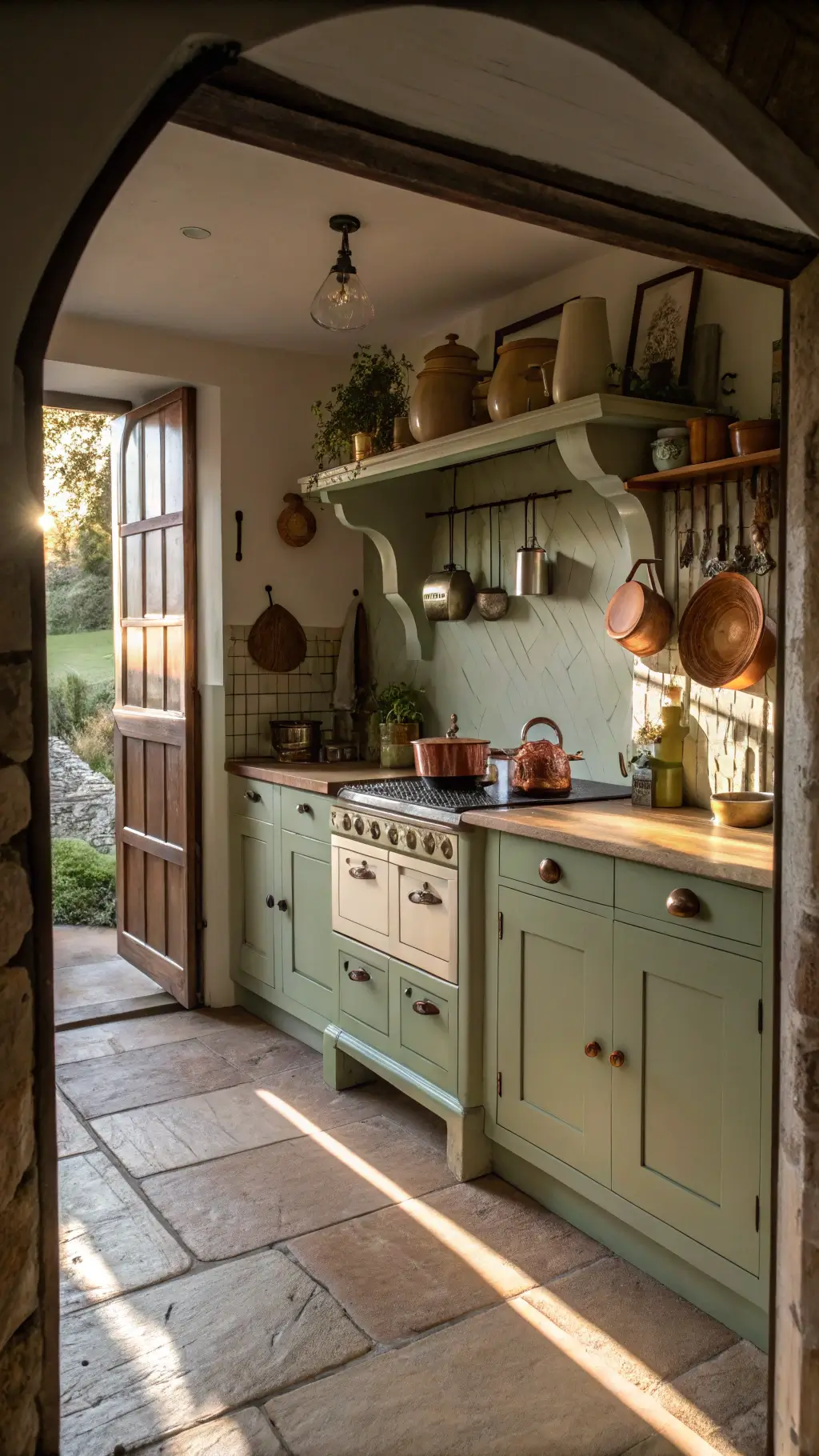Cozy English cottage kitchen with sage cabinets, butcher block counters, cream Aga range, and vintage pottery on open shelves, bathed in late afternoon light.