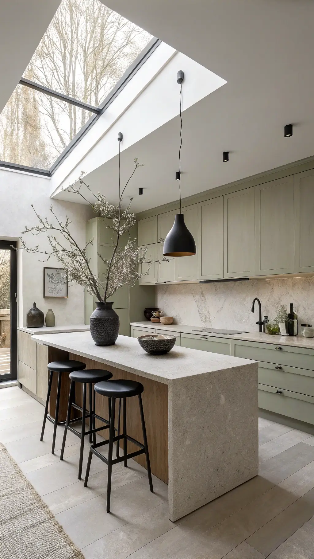 Scandinavian-modern kitchen with sage slab cabinets, terrazzo counters, skylight, black pendant lights, and leather barstools, styled with sculptural branches in matte black vase.