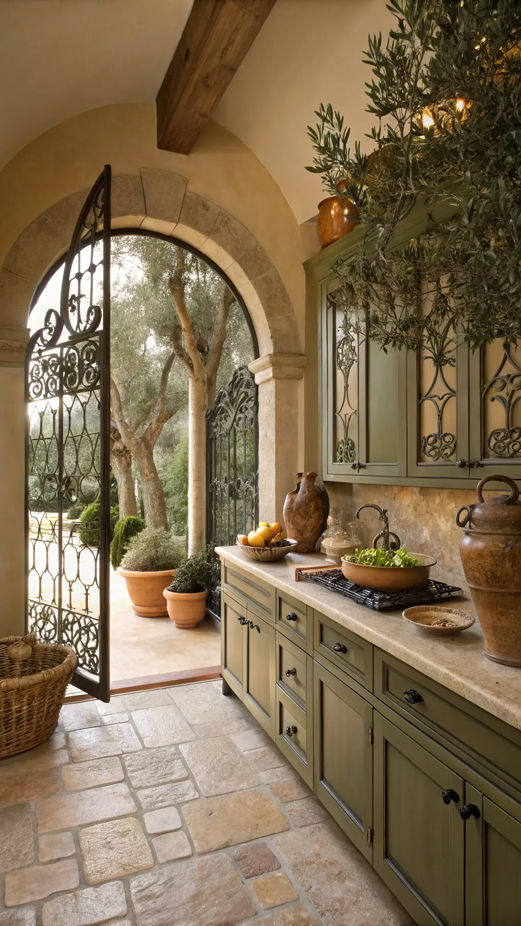 Mediterranean-style kitchen with sage cabinets, limestone counters, handmade tile backsplash, and archways, lit by mid-morning sunlight through wrought iron windows.