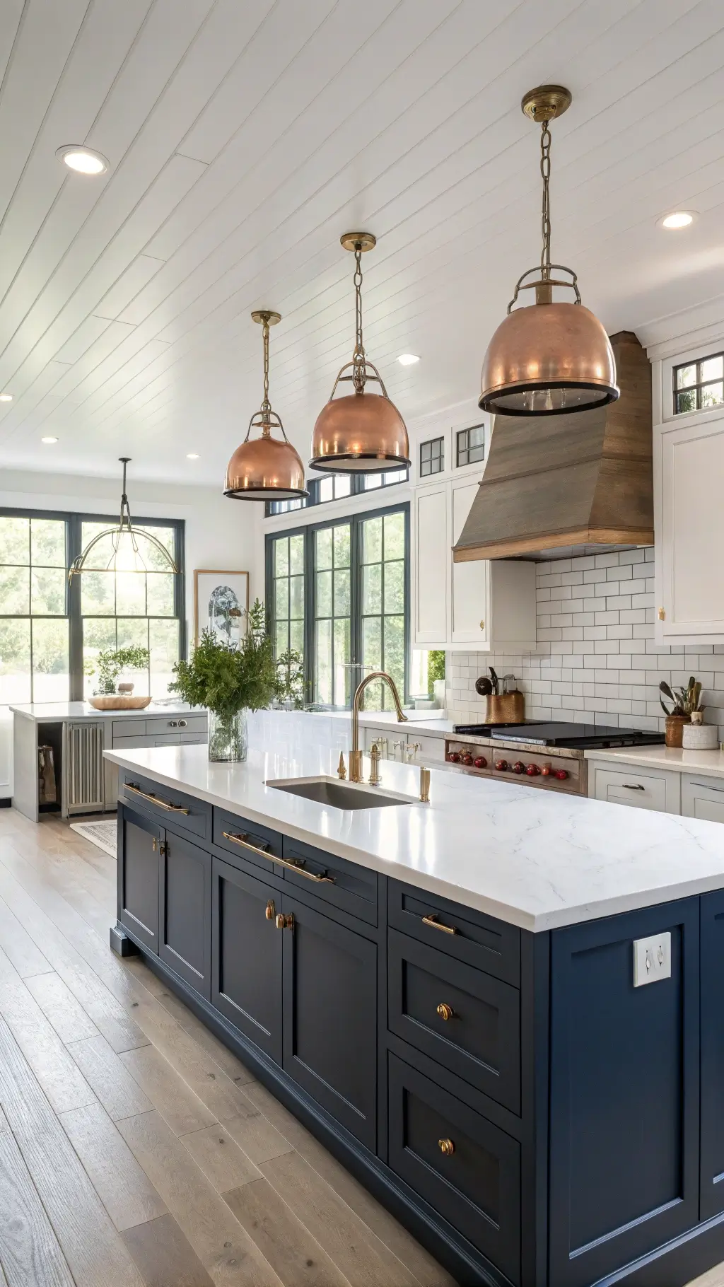 Modern farmhouse kitchen with navy Shaker cabinets, white quartz island, brass hardware, oak floors, and morning light through east windows.