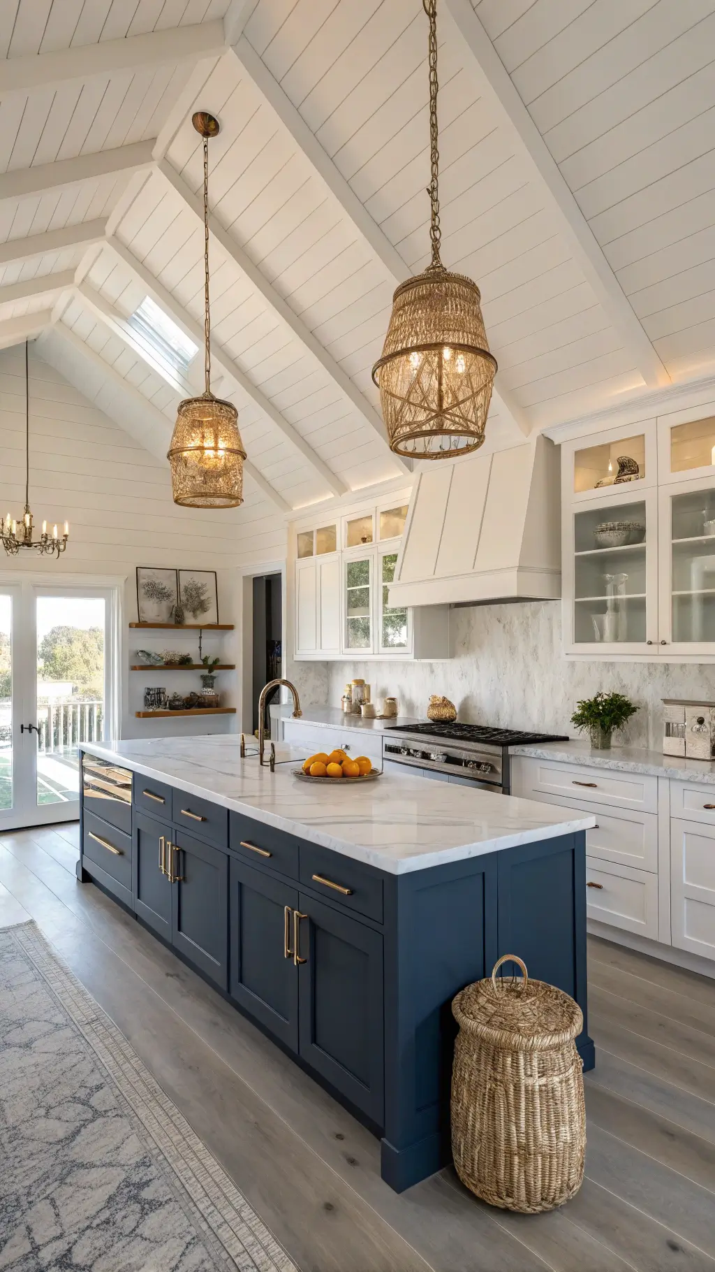 Coastal chic kitchen with navy cabinets, driftwood island, marble countertops, rattan lights, and sea glass decor in golden hour light.