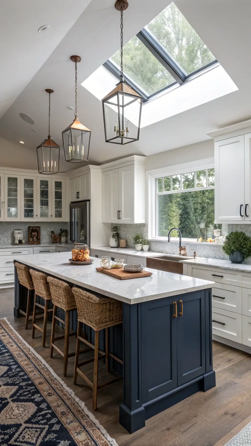 Transitional 14x20ft kitchen with skylight, two-tone navy and white cabinets, cream limestone countertops, quartz island with woven leather barstools, vintage kilim runner, copper cookware on display, and textured glass pendants casting shadows.