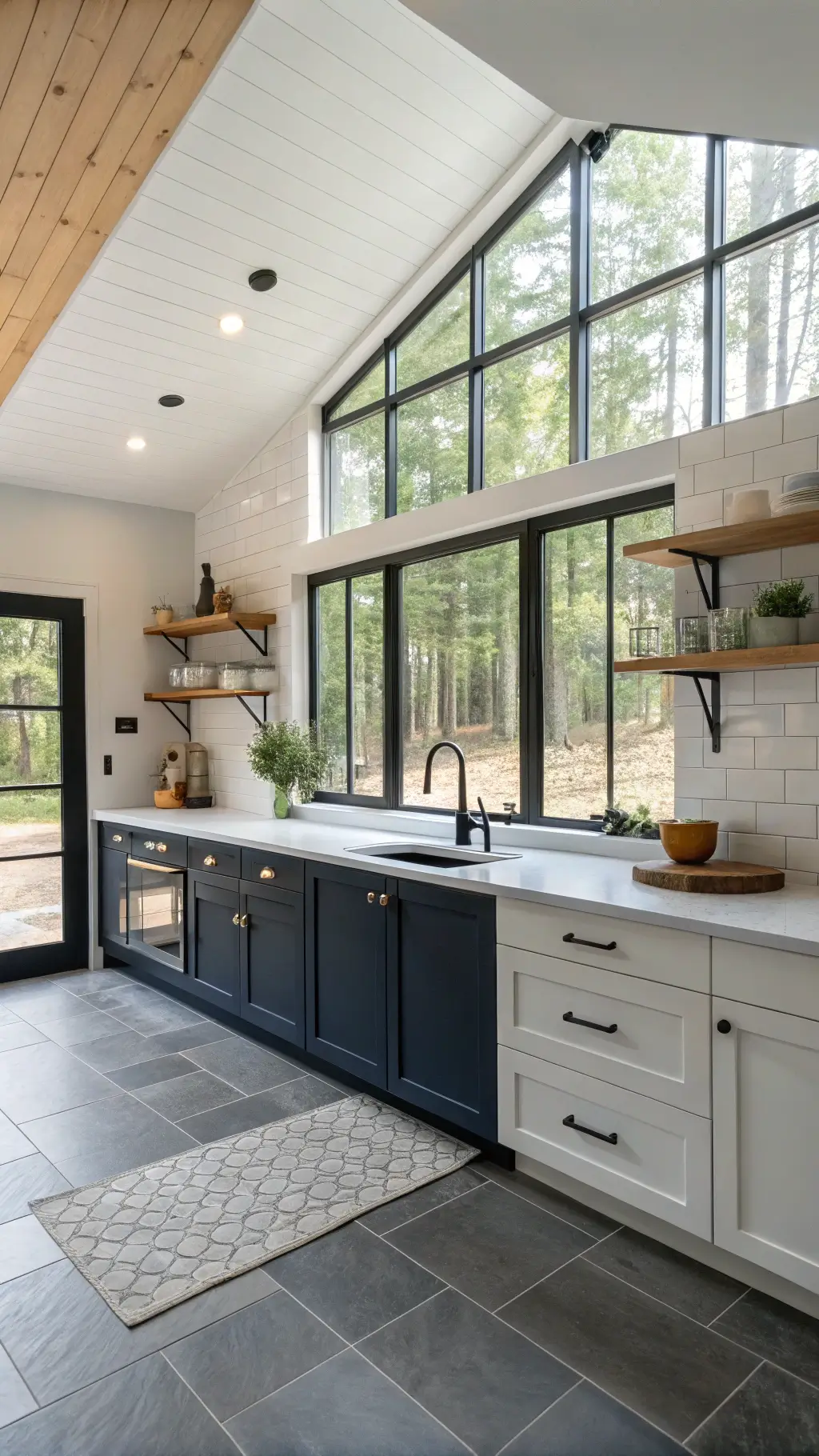 Scandinavian-inspired 12x16ft kitchen with matte navy lower cabinets, white uppers, pale ash shelving, black steel-framed windows, white oak butcher block island, gray stacked tile floor, and minimal white ceramics in soft afternoon light.
