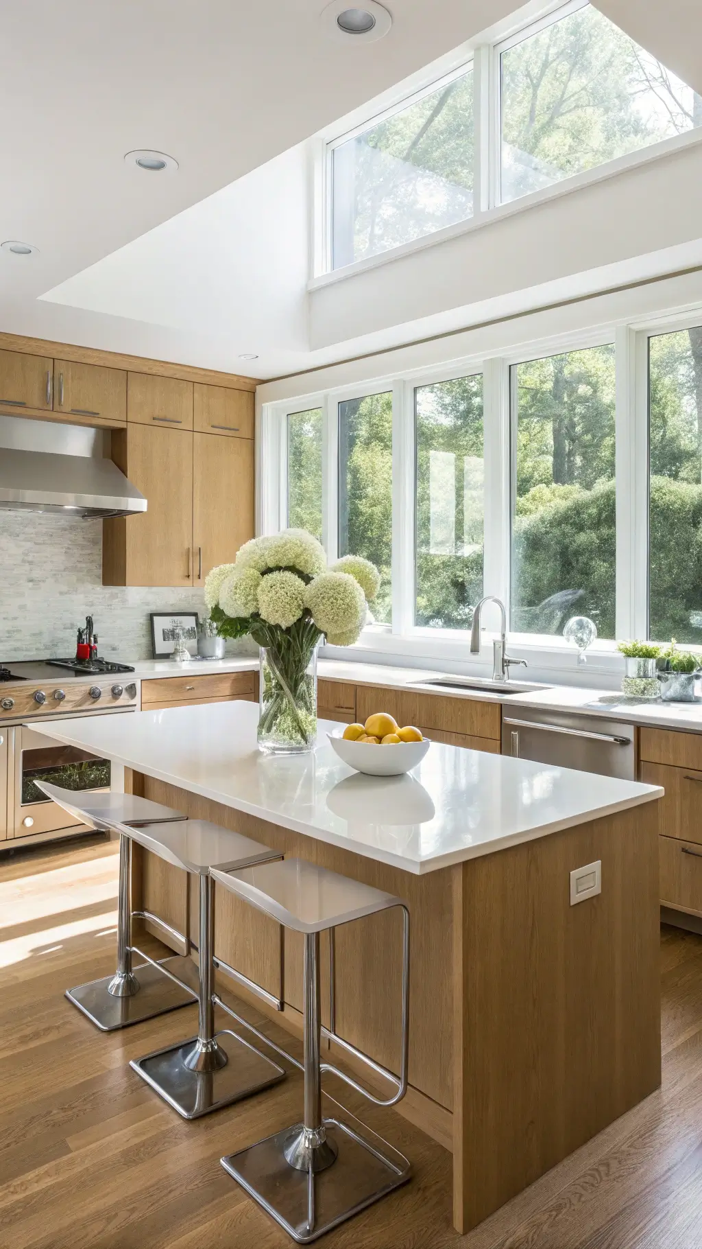 Bright summer kitchen with honey oak cabinets, white quartz countertops, hydrangeas on center island, acrylic barstools, stainless steel appliances, and lemon bowl accents in natural light.