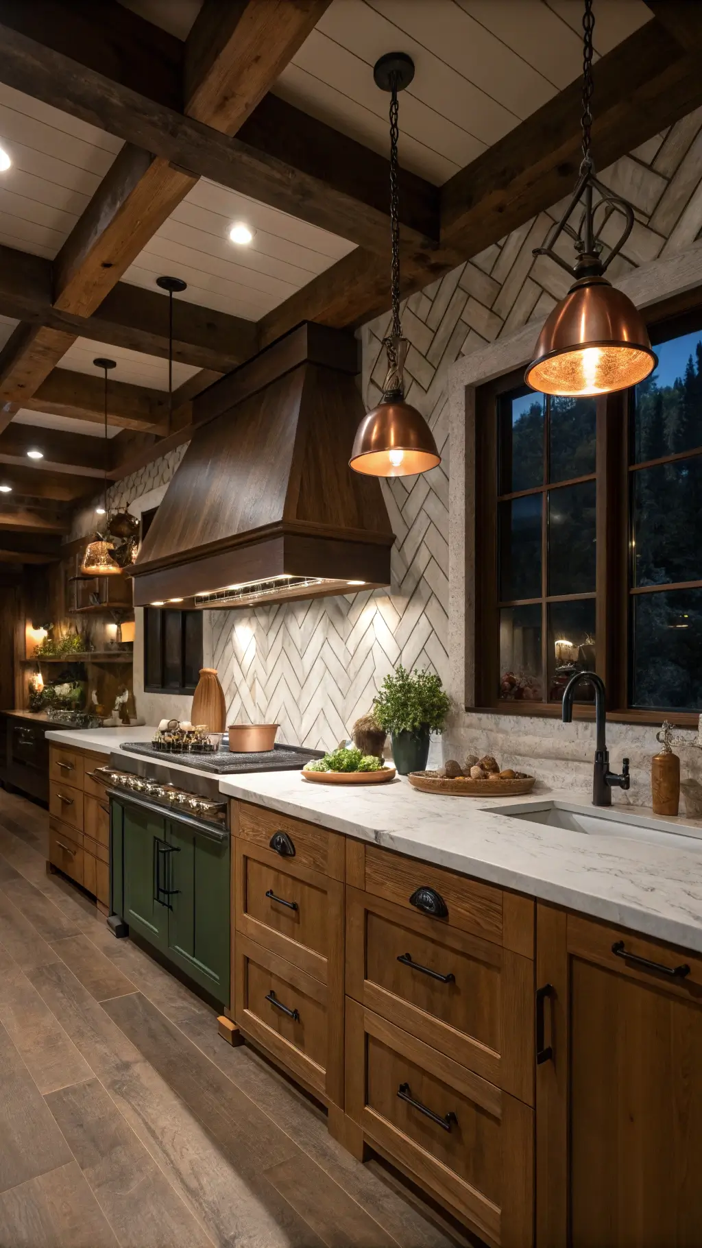 Moody kitchen corner with honey oak cabinets, dramatic pendant lighting, exposed wooden beams, marble herringbone backsplash, copper cookware, and dark green pottery with herbs.
