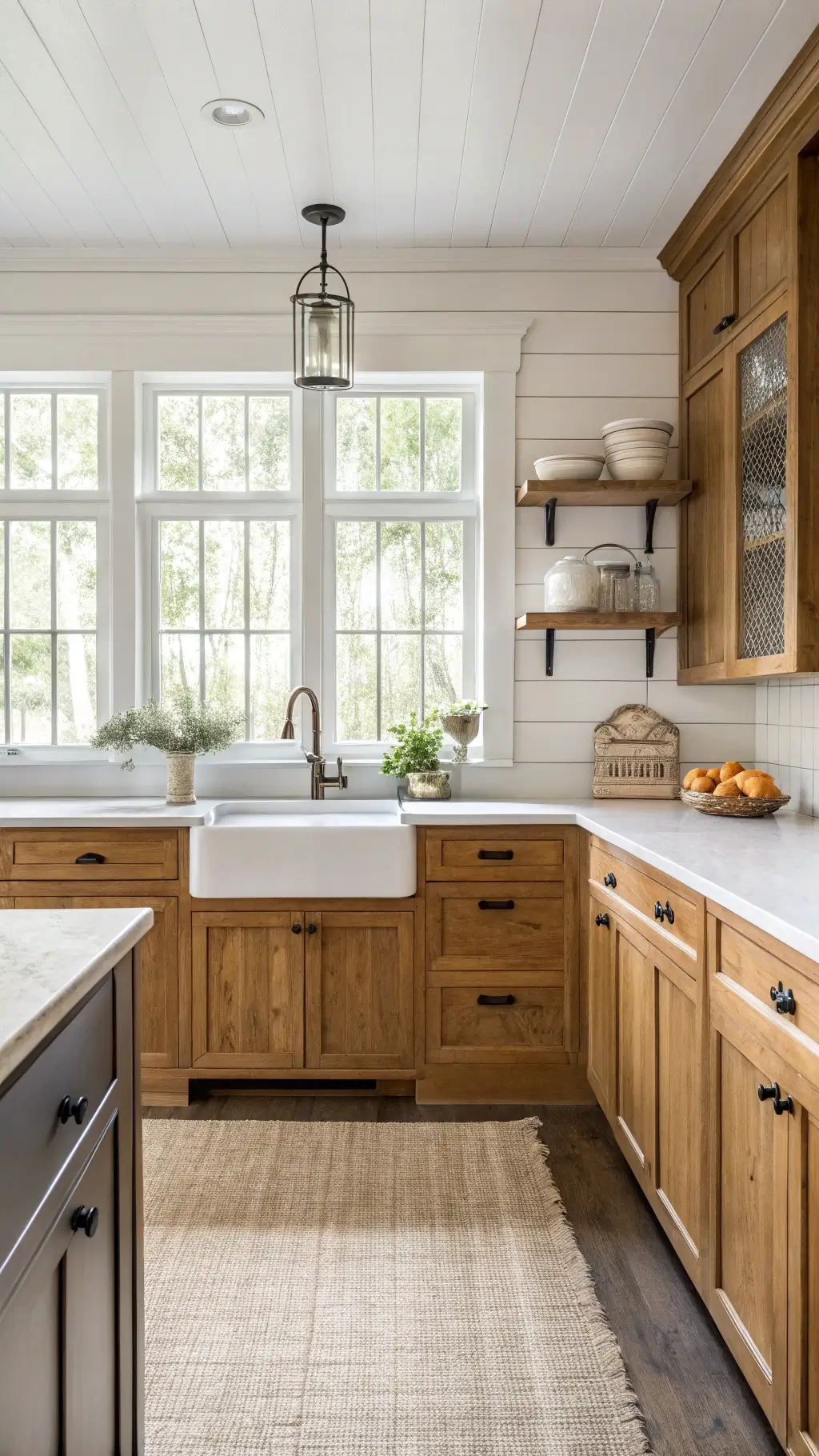 Modern farmhouse kitchen with honey oak cabinets, shiplap accent wall, white farmhouse sink under Georgian window, open shelving with white ironstone, vintage bread box and scale, and natural fiber runner.