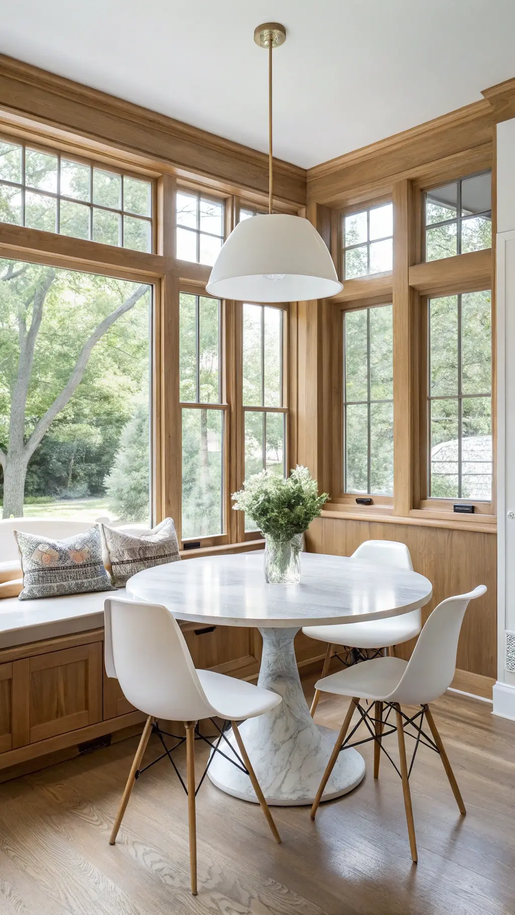 Minimalist breakfast nook with honey oak built-ins, round marble table, ghost chairs, and floor-to-ceiling windows providing bright natural light.