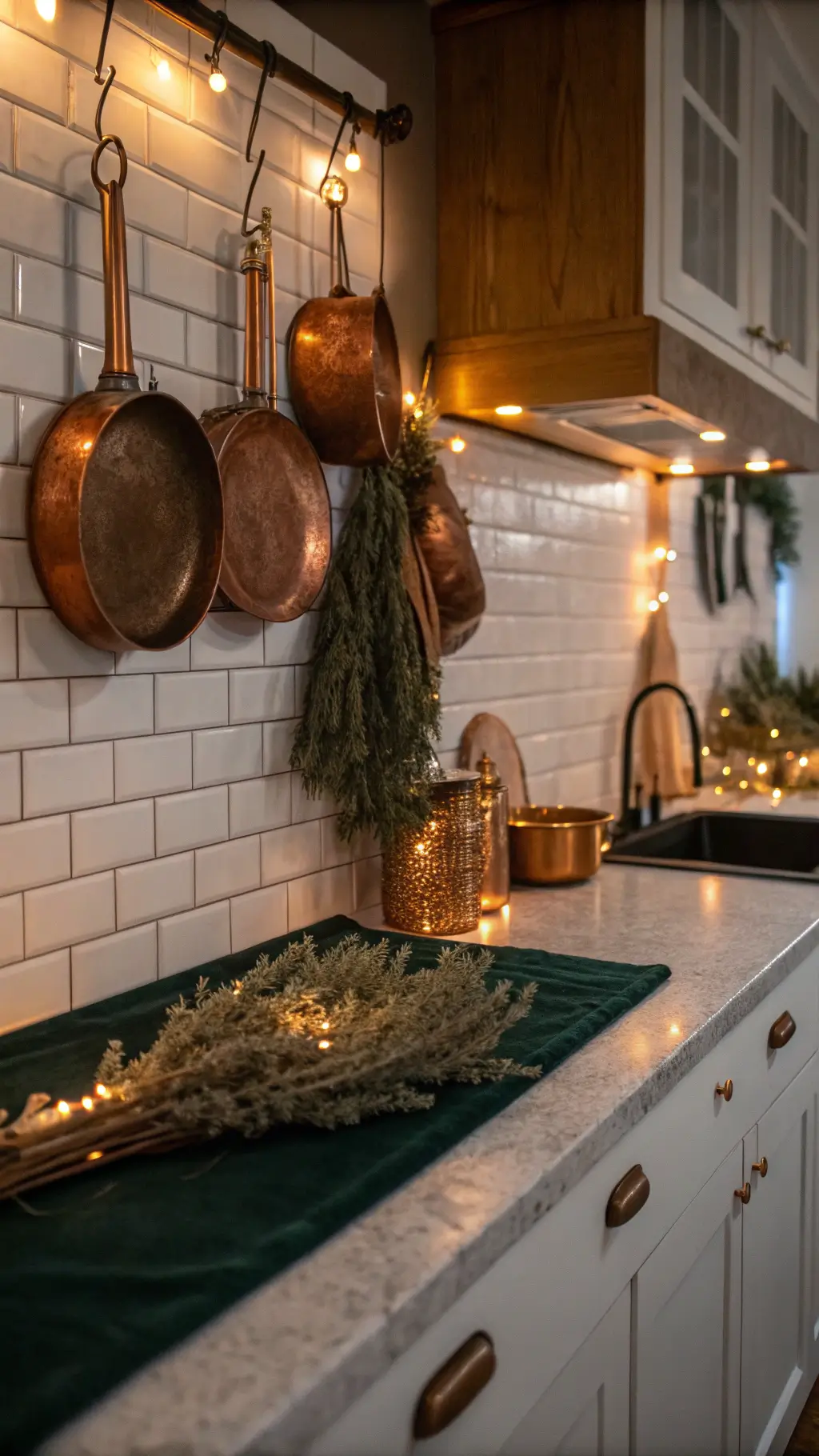 Close-up of honey oak kitchen cabinet with vintage copper pans, green velvet runner, mercury glass votives, and dried herb bundles in warm evening light.