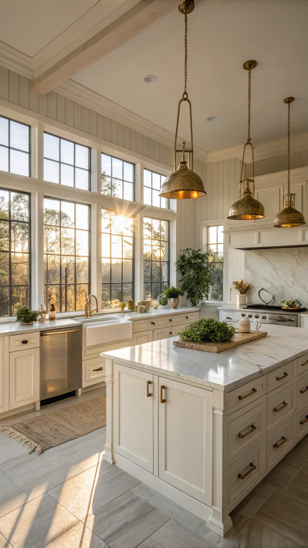 Warm, sunlit kitchen with tall cream Shaker cabinets, brass accents, marble countertops, and artisanal decor, viewed from a low angle during golden hour.