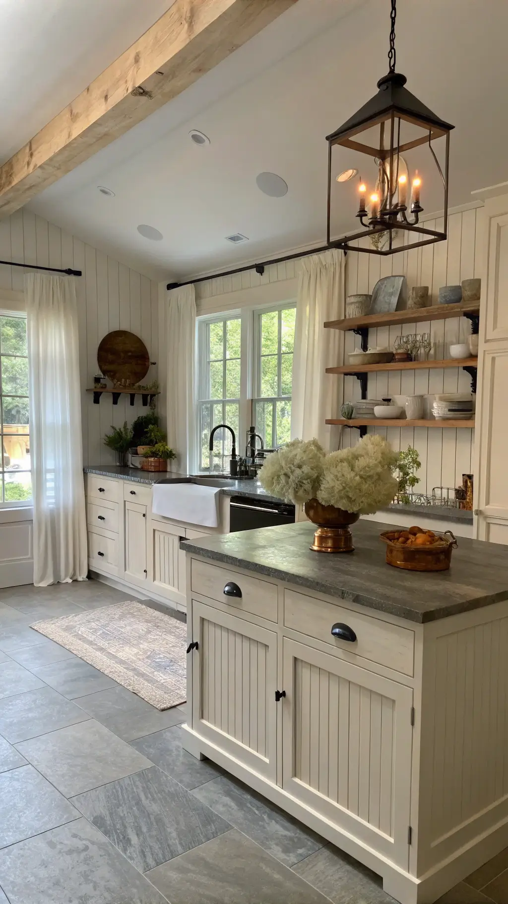 Modern farmhouse kitchen at dawn with cream beadboard cabinets, soapstone counters, antique copper accents, and reclaimed wood island with hydrangeas.