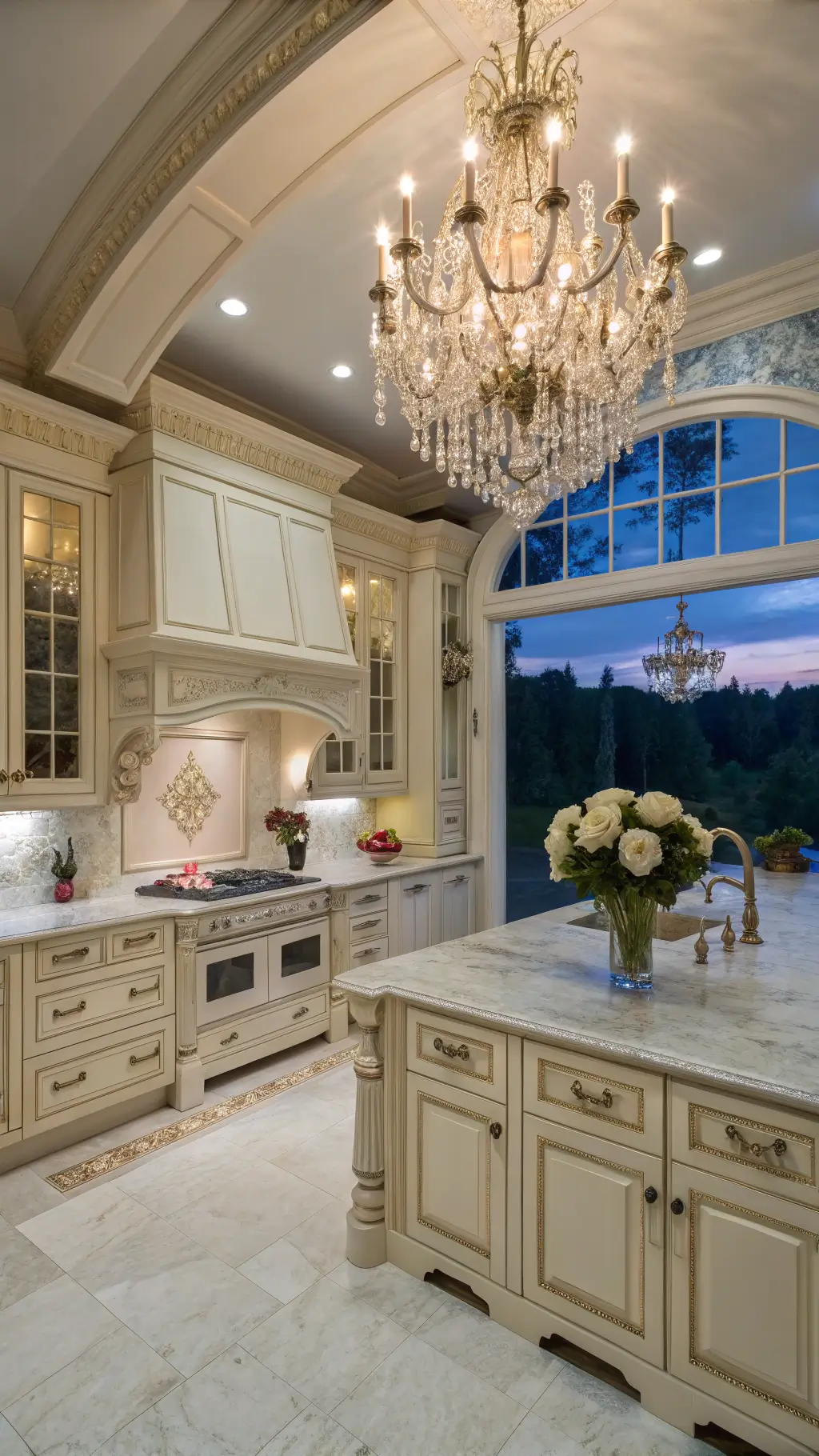 Elegant traditional 14x16ft cream kitchen at dusk with ornate raised-panel cabinets, crystal chandelier glow, Calcutta gold marble backsplash, and blue-and-white chinoiserie styling.