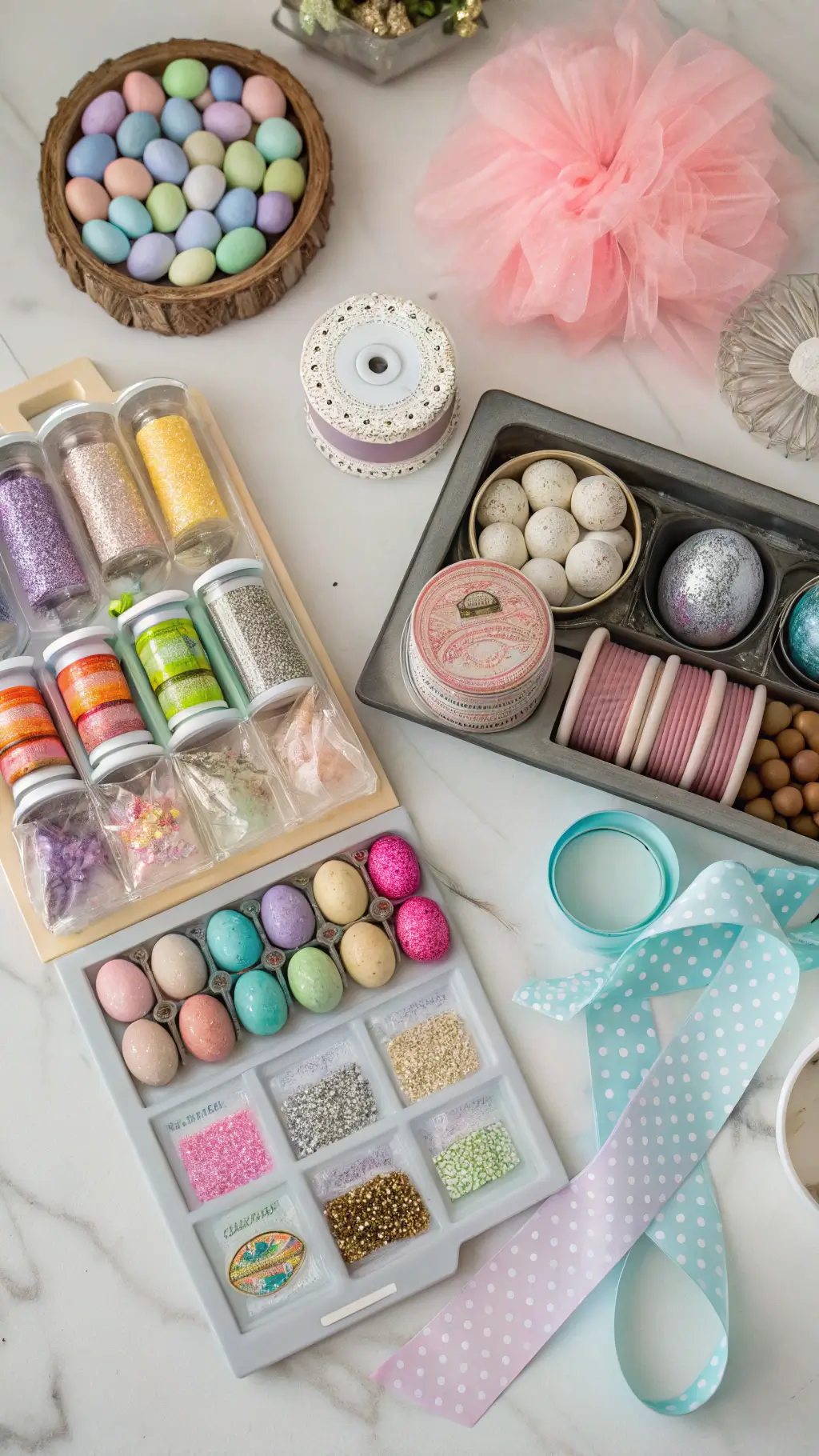 Overhead view of an Easter craft shopping haul with pastel tulle, glitter eggs, preserved boxwood sprigs, Grandin Road mercury glass ornaments on a silver tray, and Walmart ribbon spools on a marble counter.