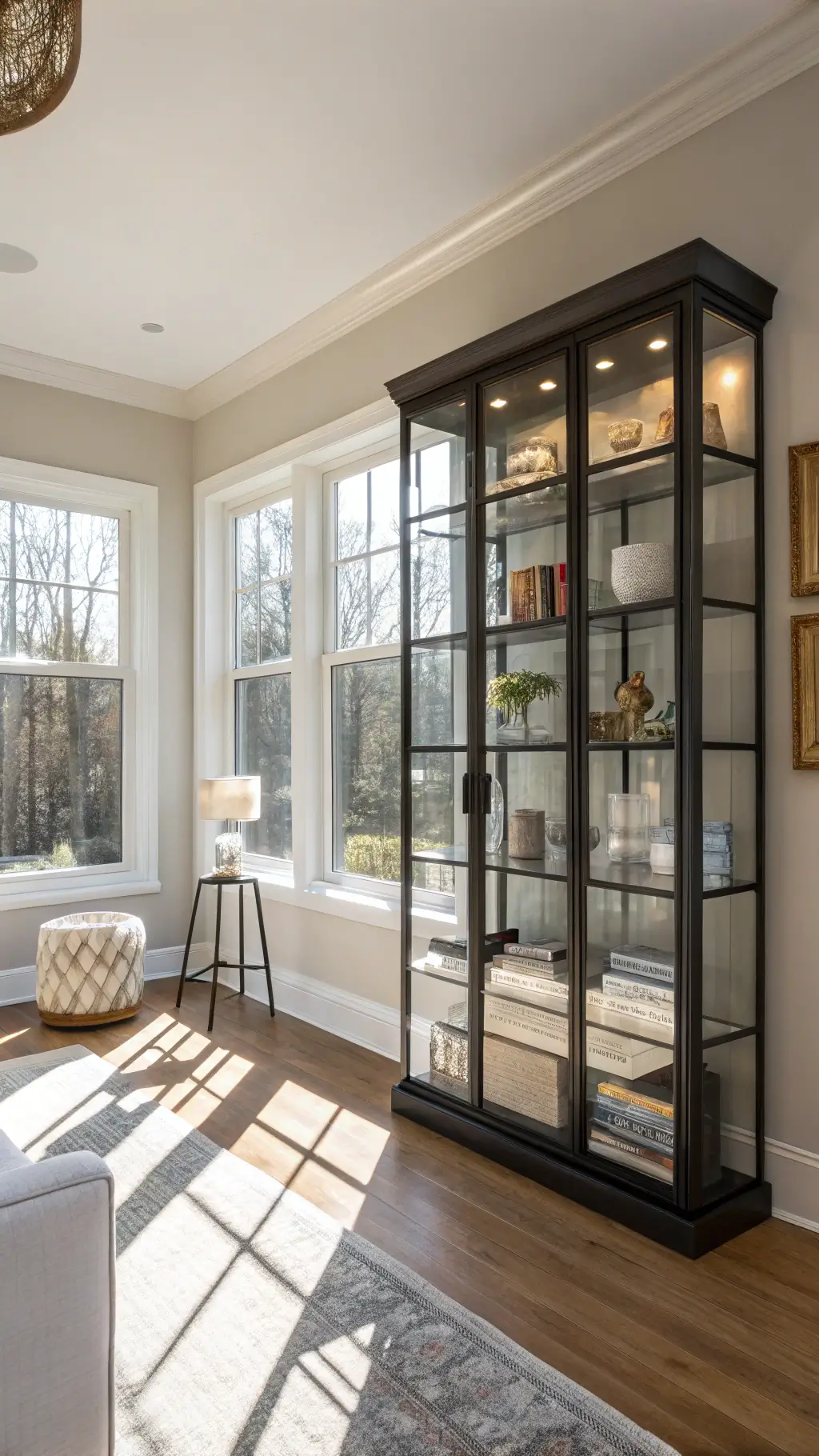 Modern living room with glass cabinet displaying ceramics and books, lit by natural sunlight through floor-to-ceiling windows.