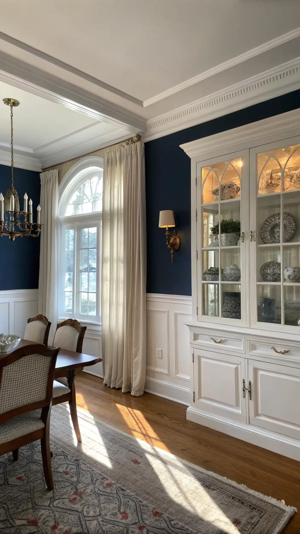 Elegant minimalist dining room with navy walls, white trim, built-in glass cabinet displaying pottery and china, lit by afternoon sunlight and soft LED accents.