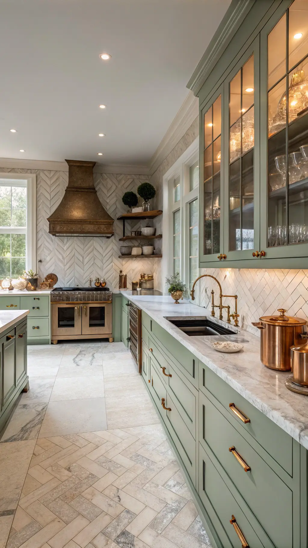 Spacious transitional kitchen with sage green cabinets, marble countertops, herringbone backsplash, and floor-to-ceiling glass cabinets showcasing cookware, bathed in golden hour light.