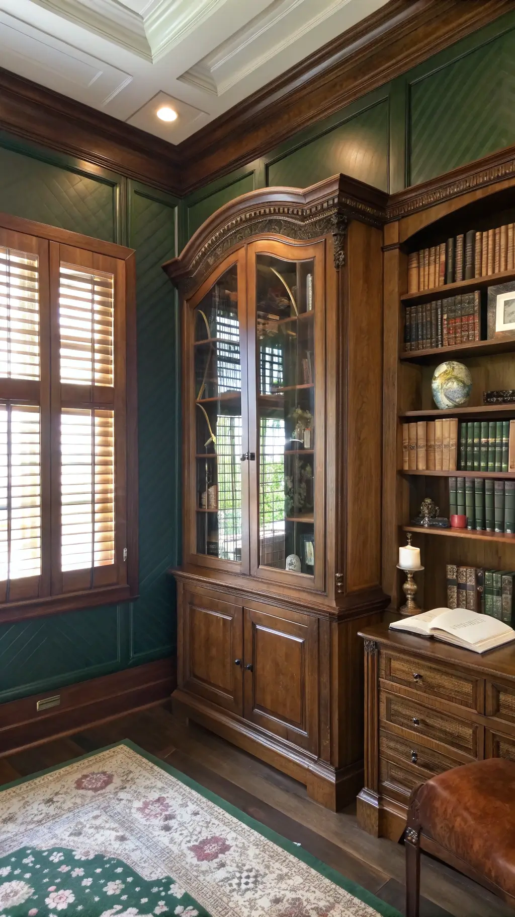 Vintage home office with antique glass vitrine displaying books and curiosities, set against mahogany walls and lit by filtered afternoon light.