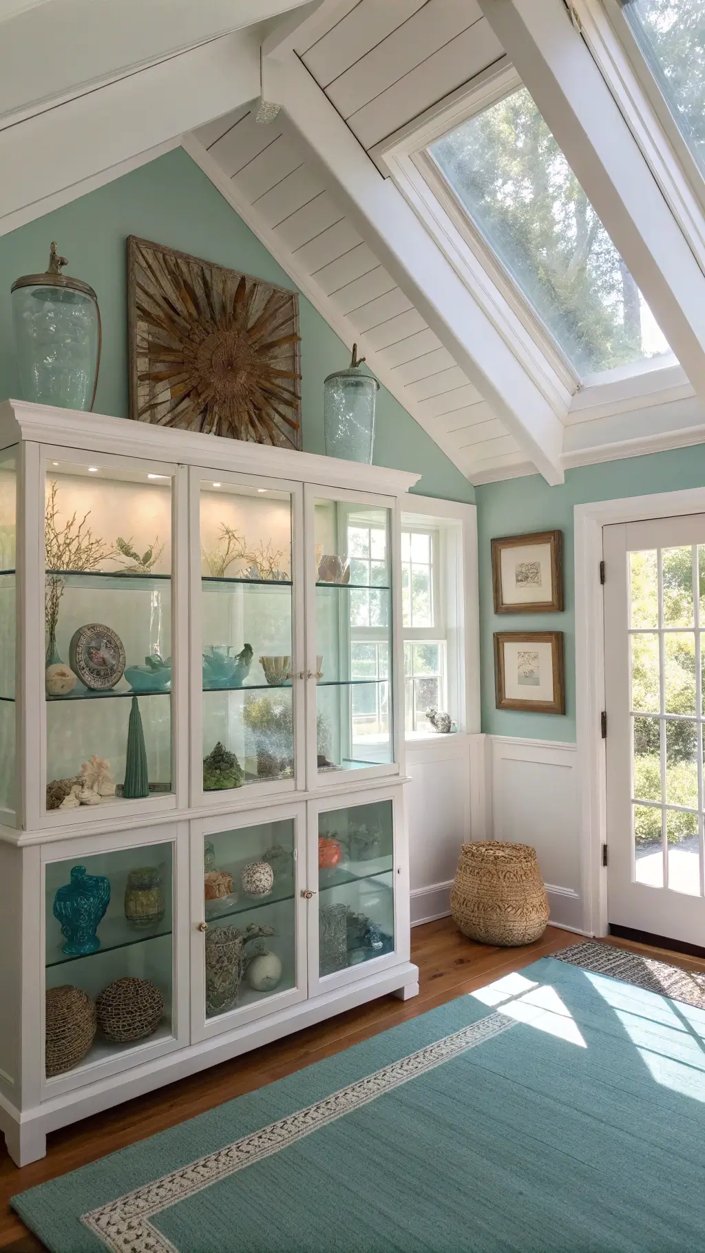 Airy coastal sunroom with vaulted ceiling, seafoam green walls, glass cabinet displaying shells and sea glass, and natural light filtering over a sisal rug.