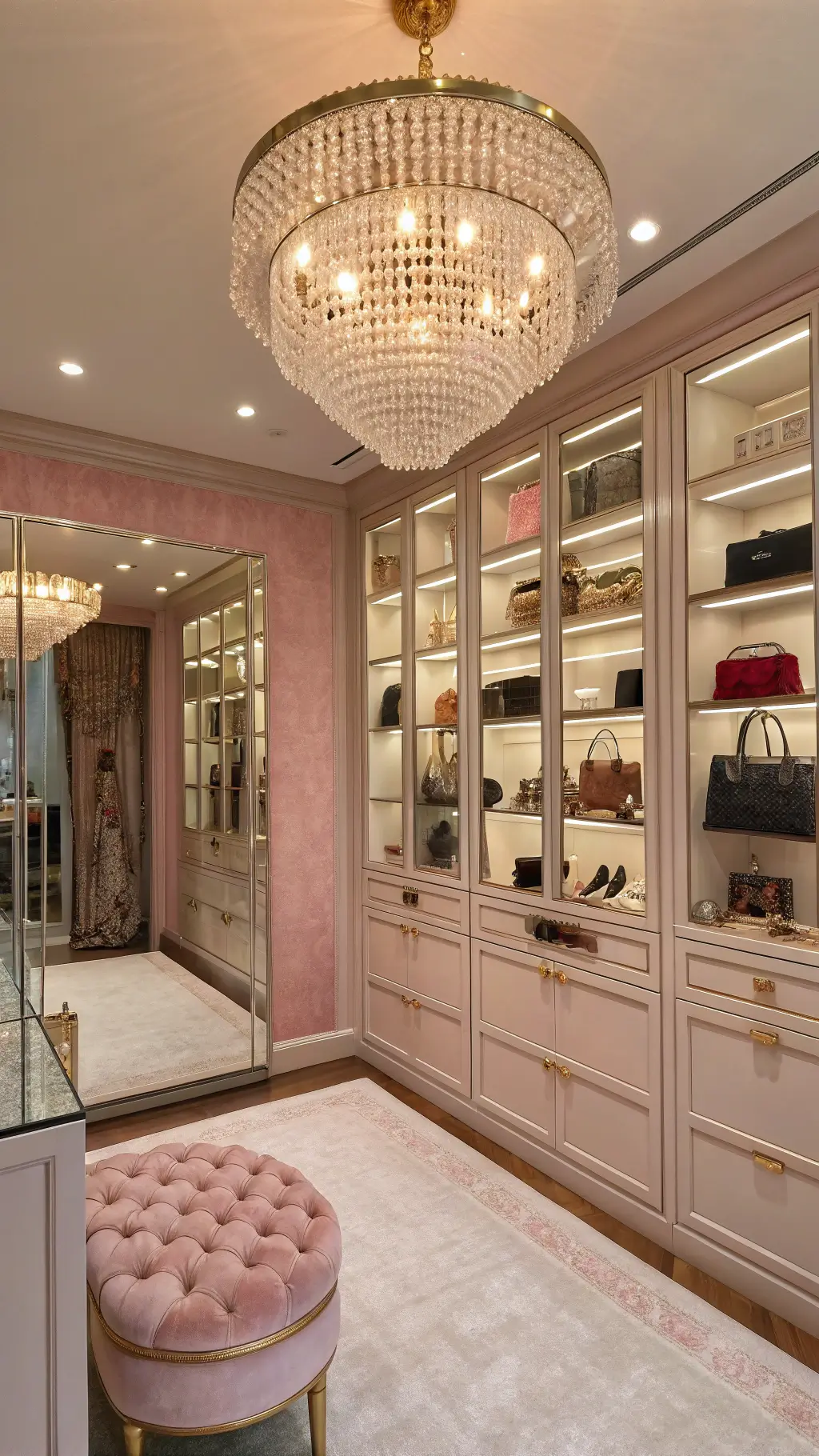 Luxurious boutique-style dressing room with crystal chandelier, mirrored panels, blush pink walls, and glass-front armoire displaying designer accessories.