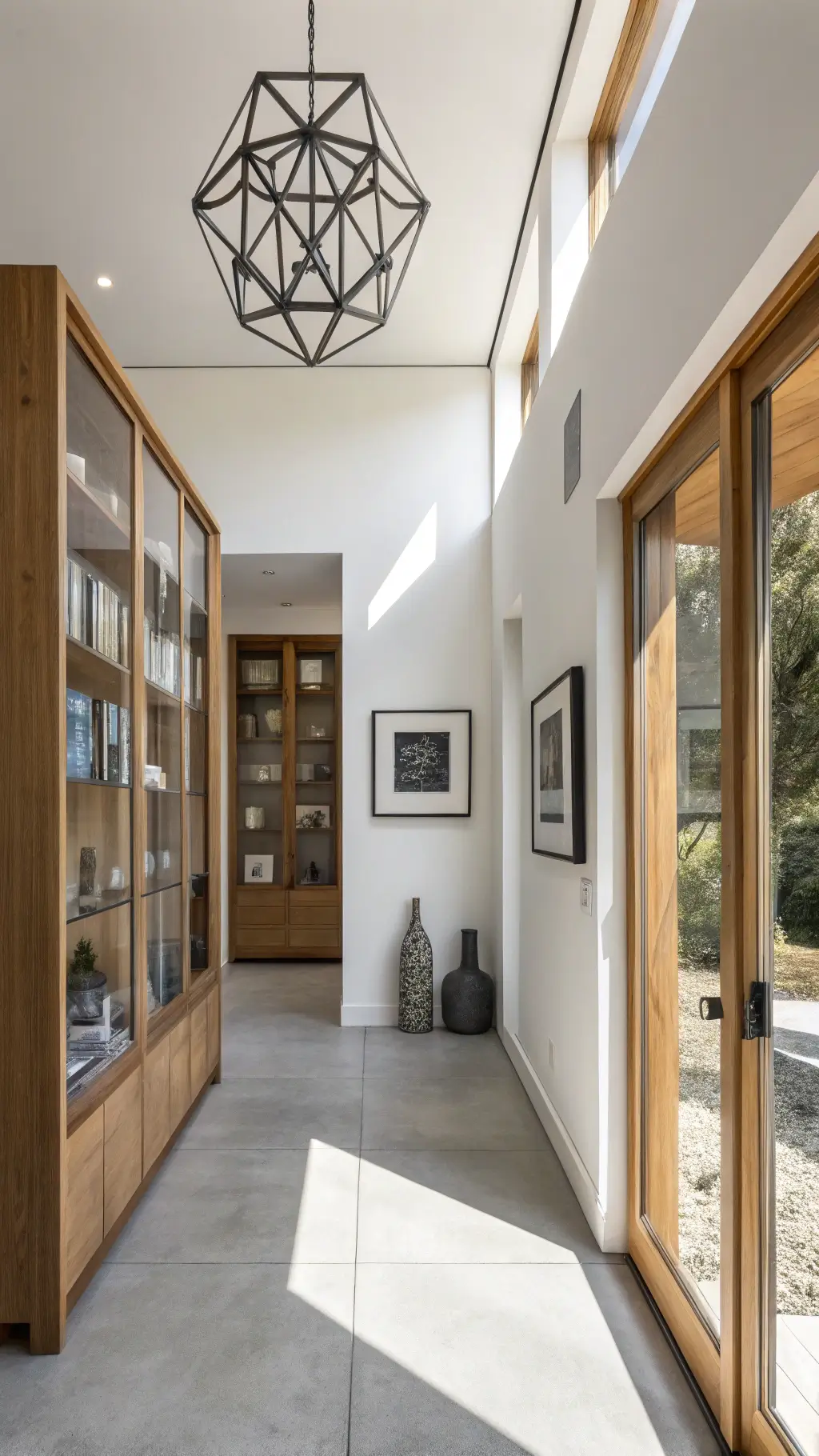 Scandinavian minimalist entryway with geometric pendant light, pale oak wall-mounted cabinet displaying monochromatic ceramics and art books, warm white walls, and light gray concrete floor illuminated by natural morning light.