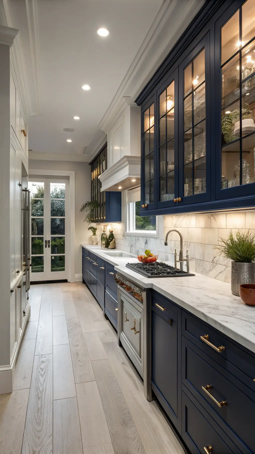 Blue hour view of a cozy 8x12ft galley kitchen with navy cabinets, Carrara marble counters, glass-front uppers displaying white pottery, and white oak floors.