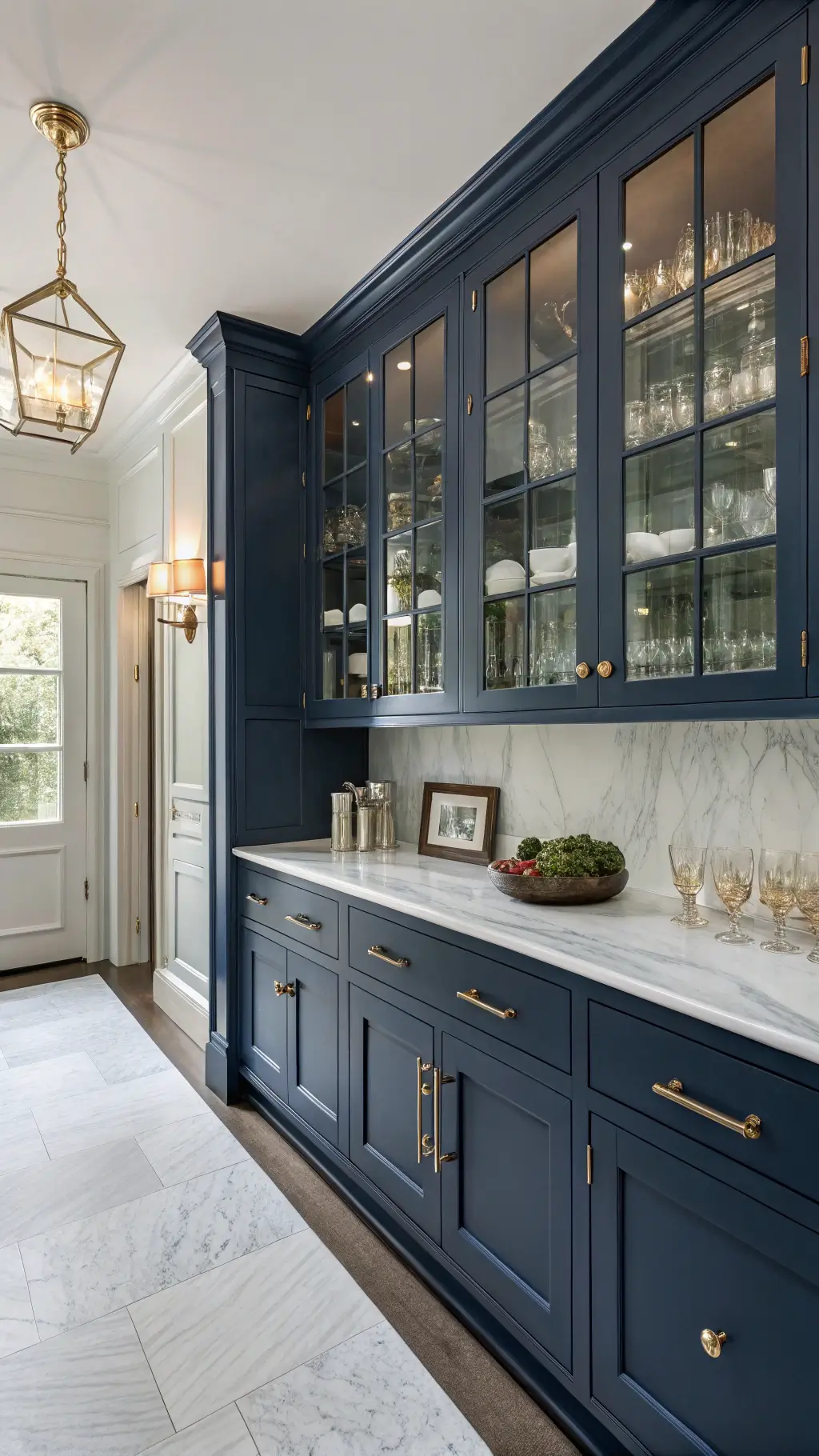 Elegant traditional butler's pantry with navy blue cabinets, marble counters, antique mirror backsplash, and vintage decor in soft morning light.