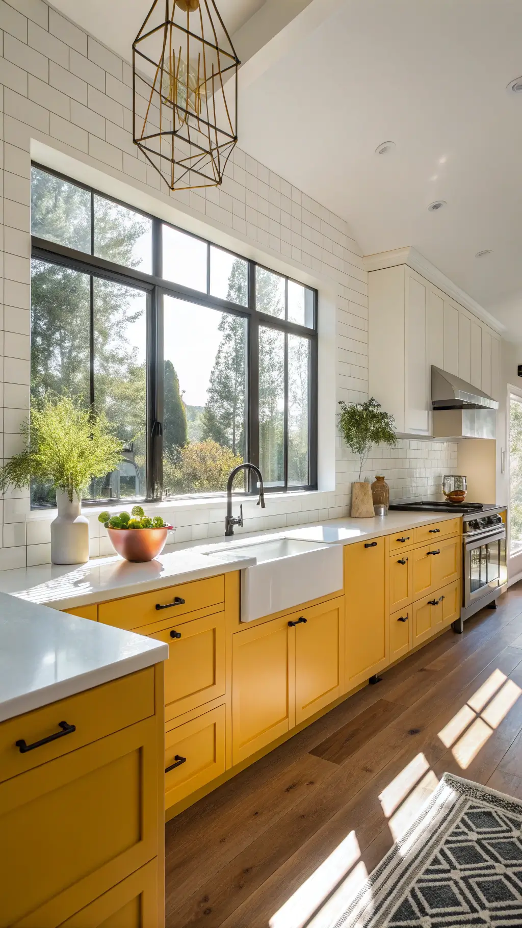 Modern sunlit kitchen with yellow cabinets, white quartz countertops, chrome hardware, and a waterfall island at golden hour.