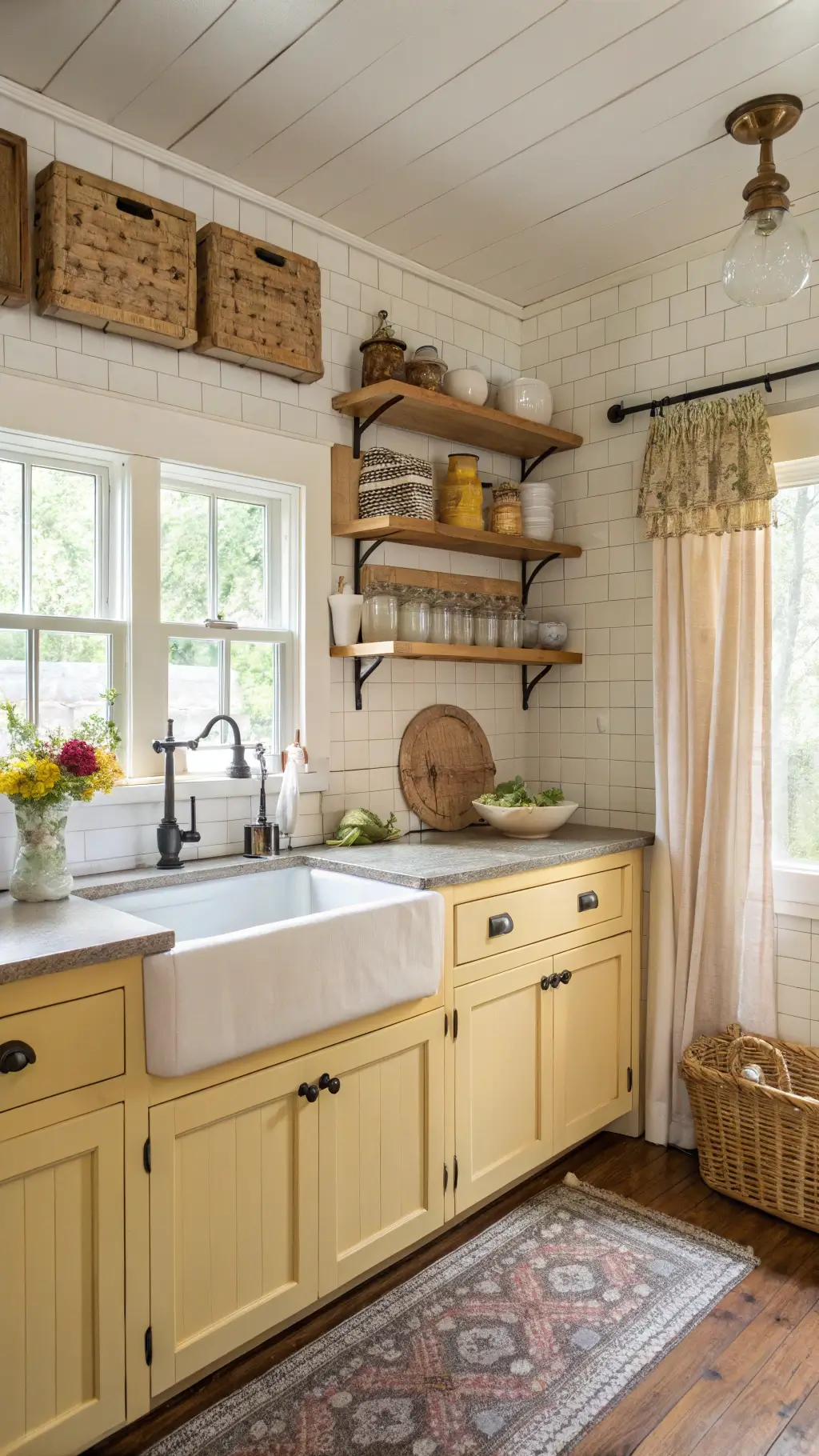 Cozy cottage kitchen with butter yellow cabinets, cream subway tile backsplash, farmhouse sink, open reclaimed wood shelves, and morning light filtering through cafe curtains.
