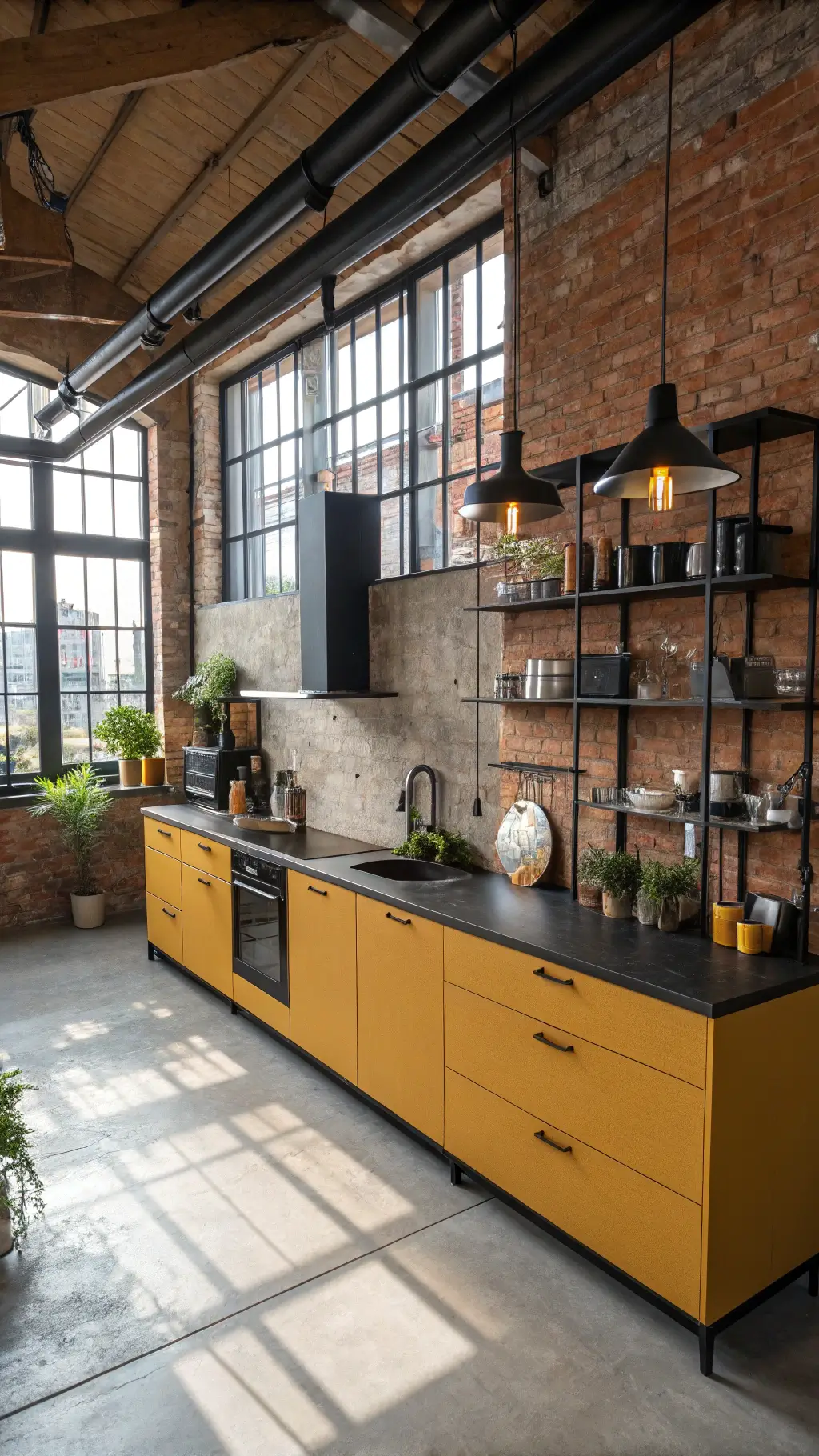 Industrial-chic loft kitchen with mustard yellow cabinets, matte black countertops, copper pendant lights, and exposed brick walls, viewed from above in afternoon light.