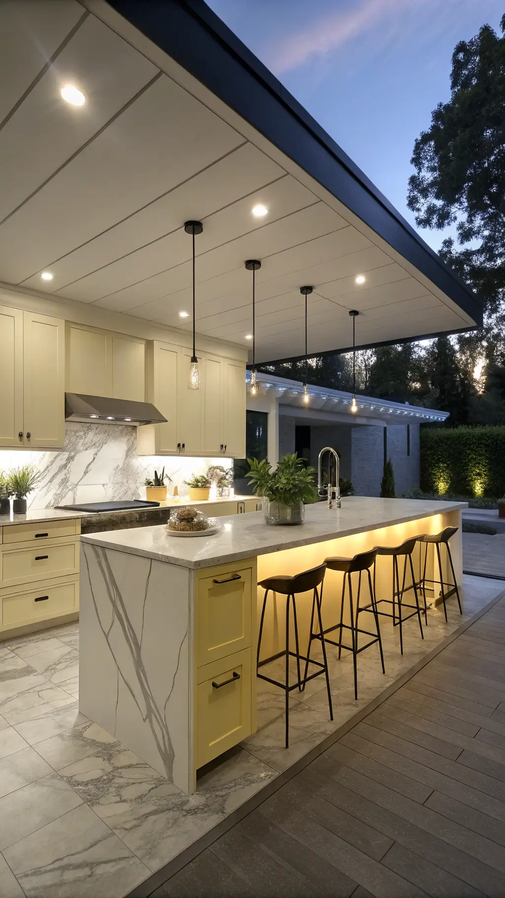 Contemporary open-concept kitchen at dusk with yellow lower cabinets, white uppers, marble backsplash to ceiling, waterfall quartz island, moody lighting, and modern decor.