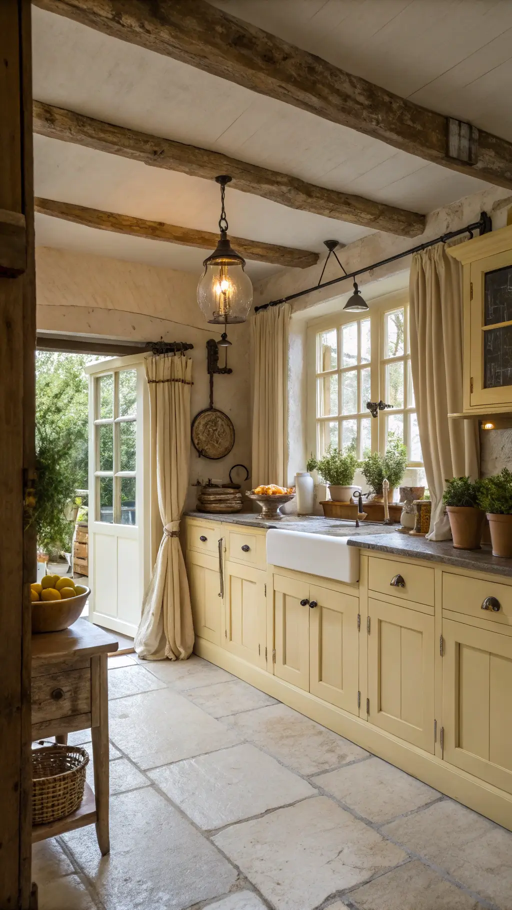 Farmhouse kitchen at dawn with butter yellow cabinets, rustic beams, vintage pendant lights, and morning light filtering through gauzy curtains.