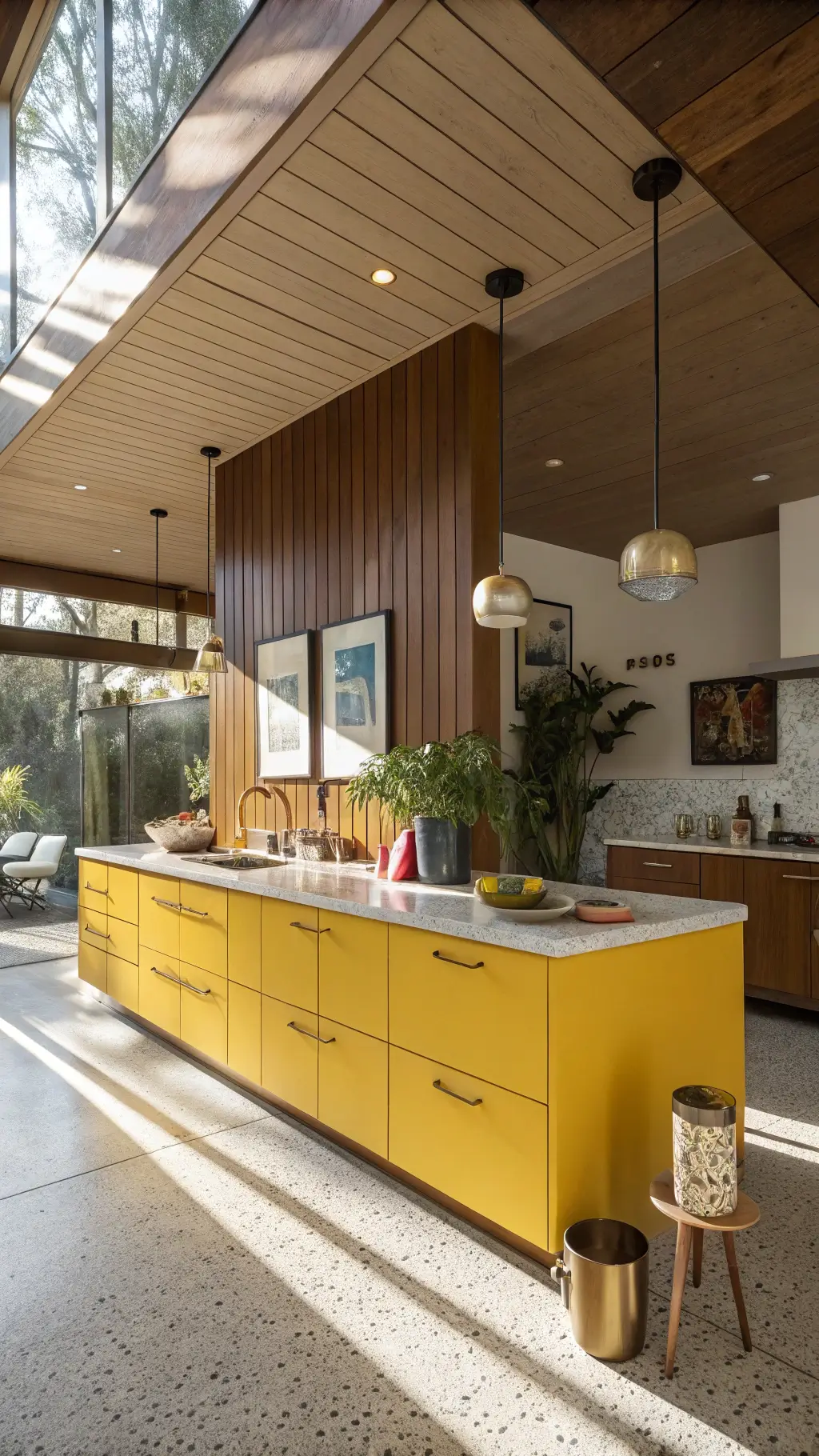 Mid-century modern kitchen with canary yellow cabinets, walnut paneling, terrazzo countertops, brass hardware, and vintage decor in afternoon light.