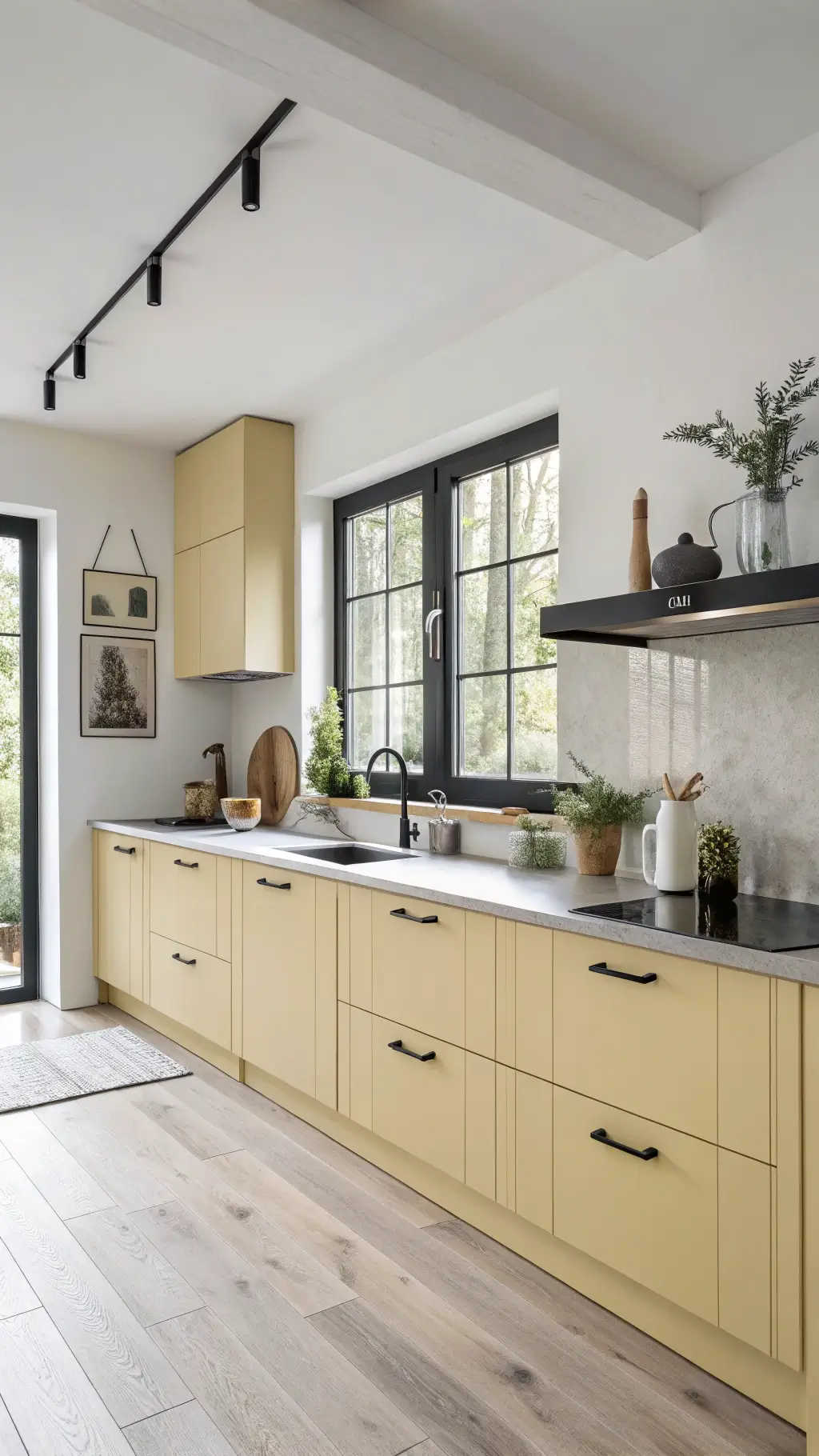 Scandinavian-inspired kitchen with pale yellow cabinets, white oak floors, and black window frames in morning light.